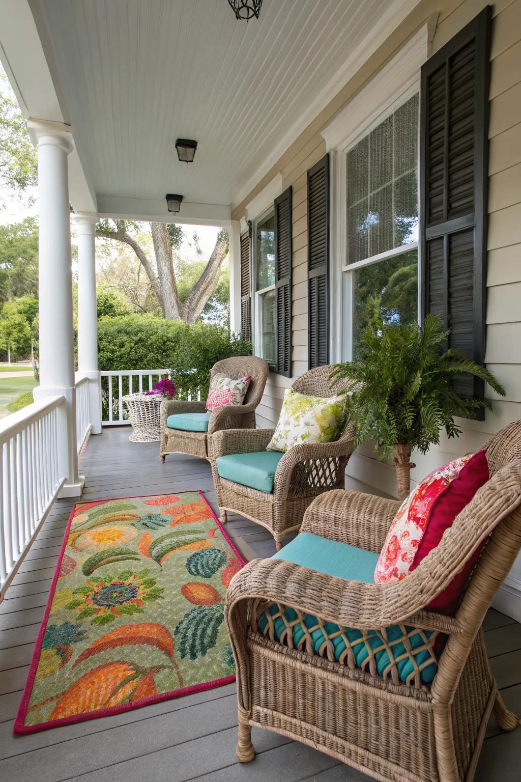 Colorful cushions add vibrancy and comfort to the porch seating.