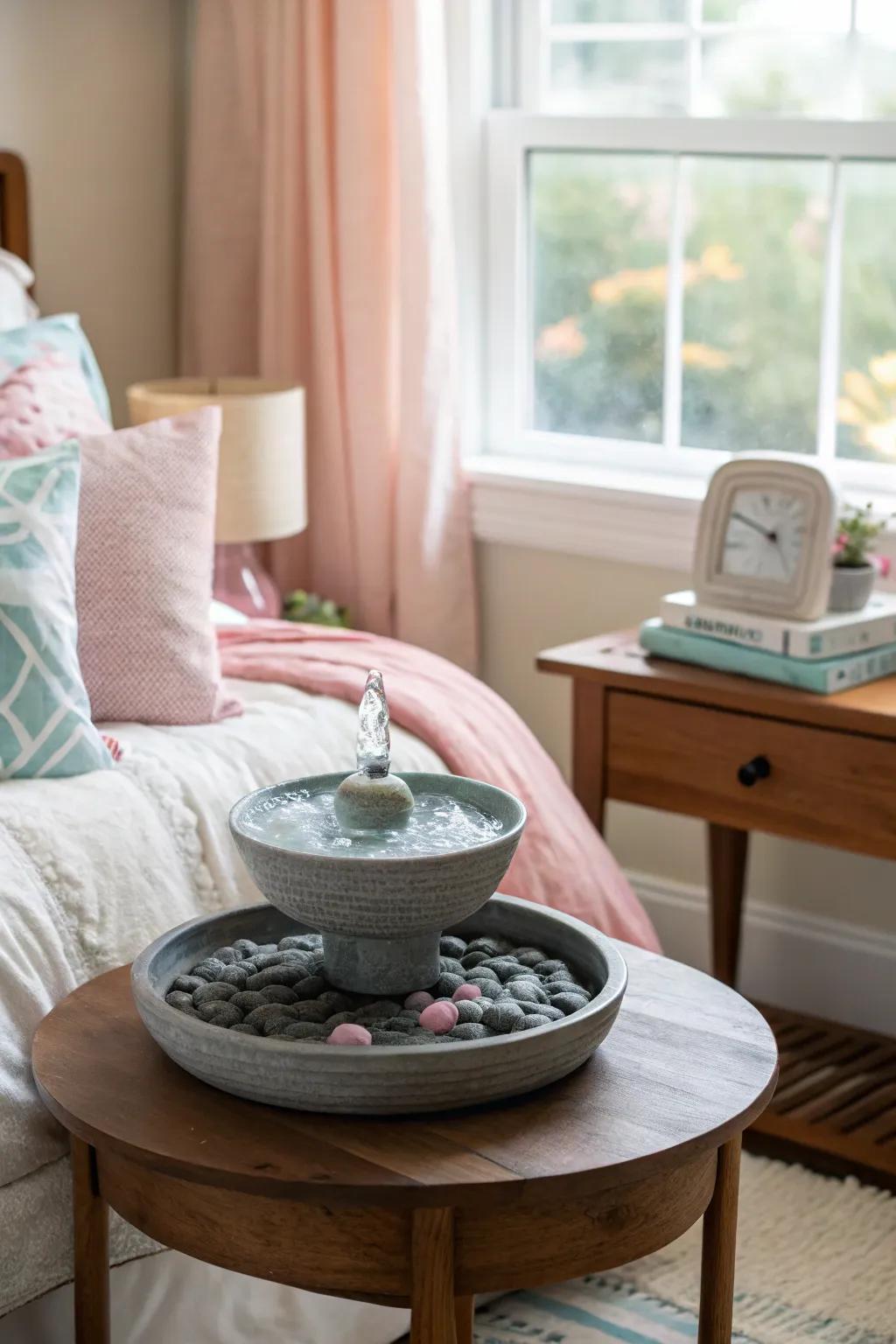 Zen elements like water fountains add tranquility to your space.