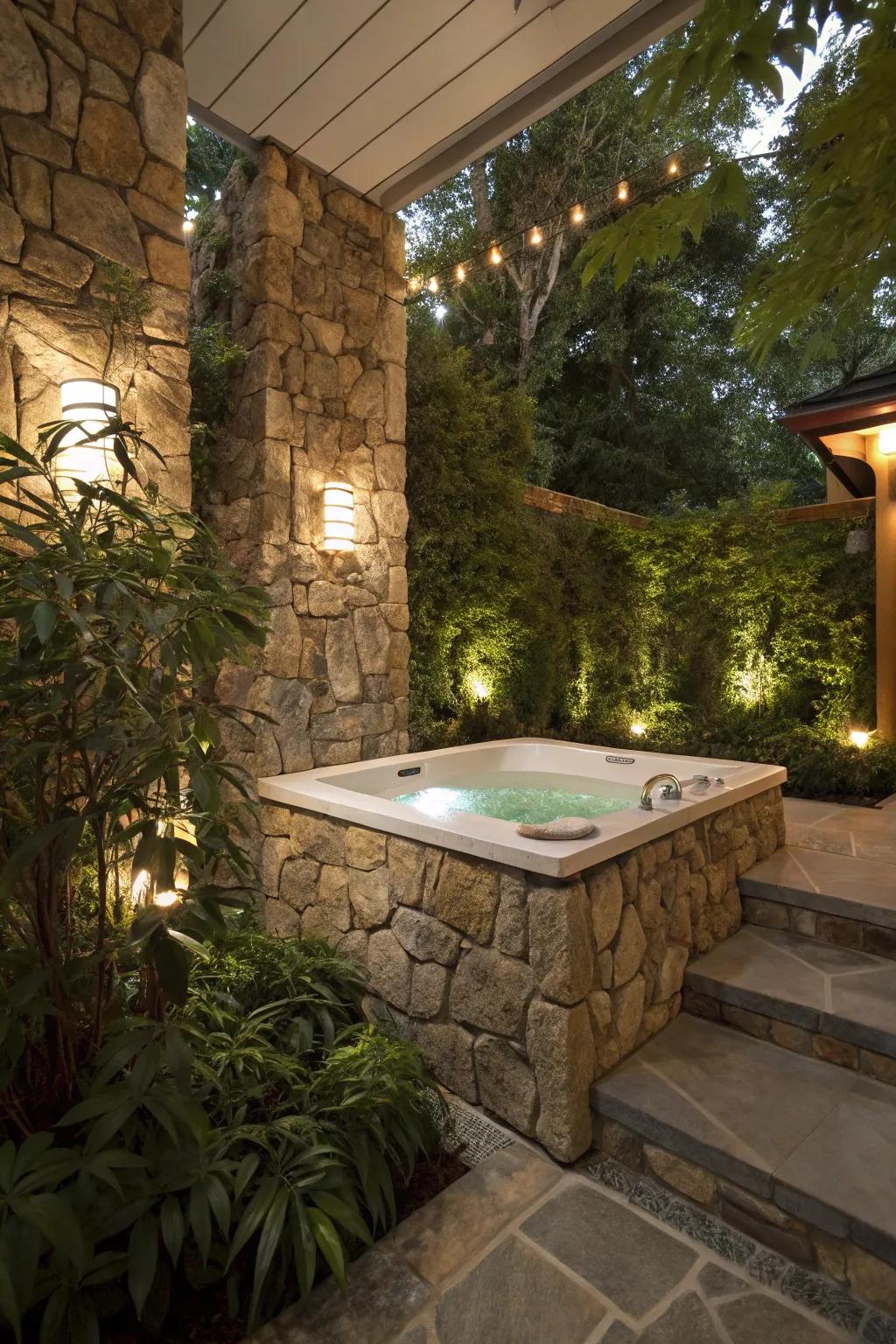 Stone cladding integrates the hot tub into its surroundings.