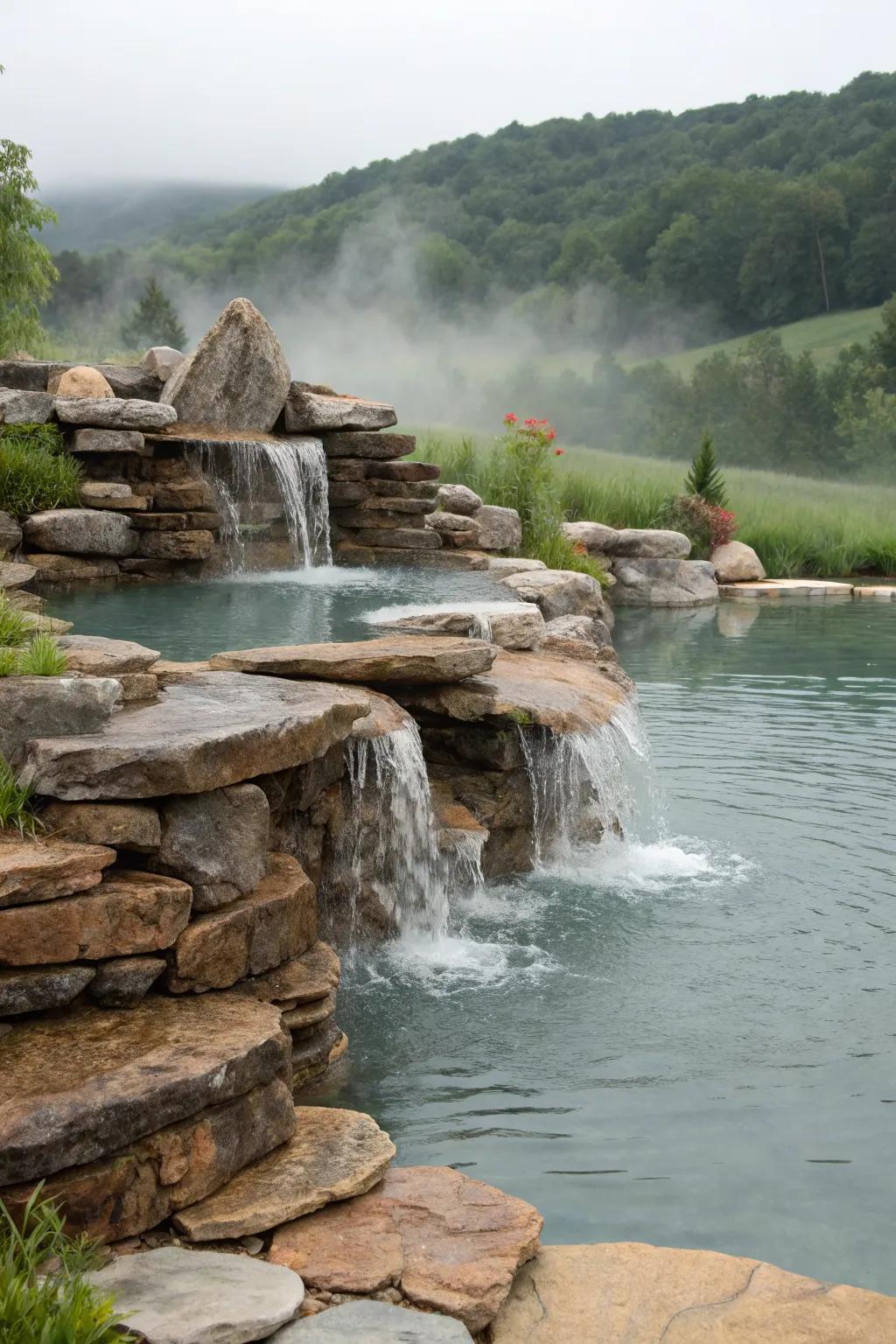 Layered rock spillways create depth and natural beauty.