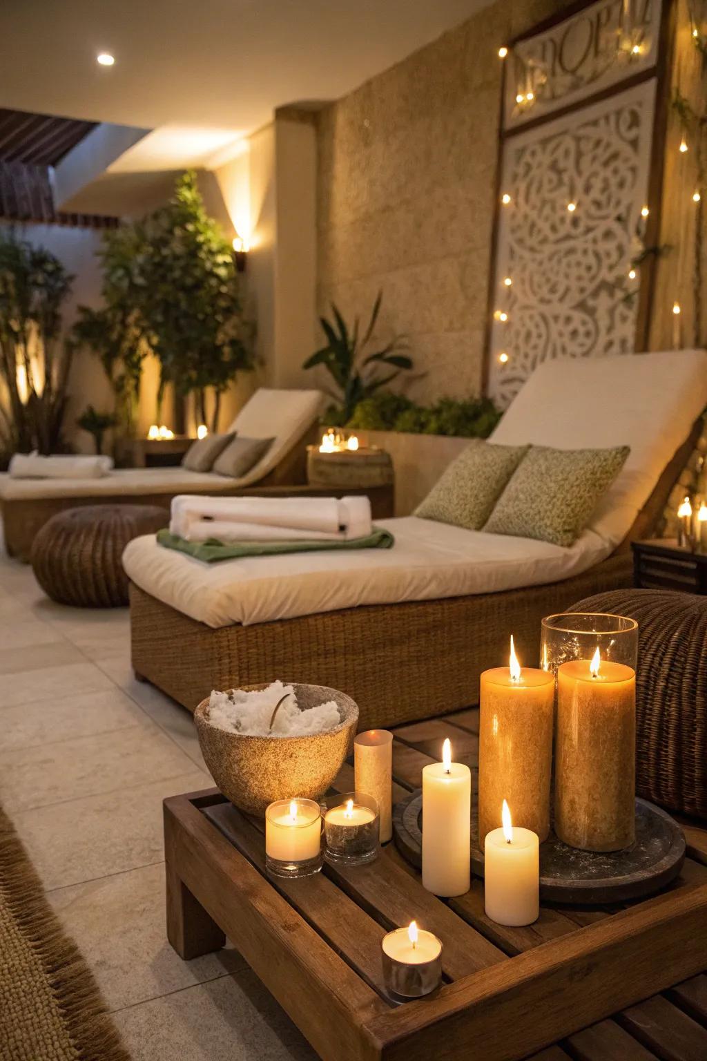 Bask in the warm glow of a candlelit spa lounge.
