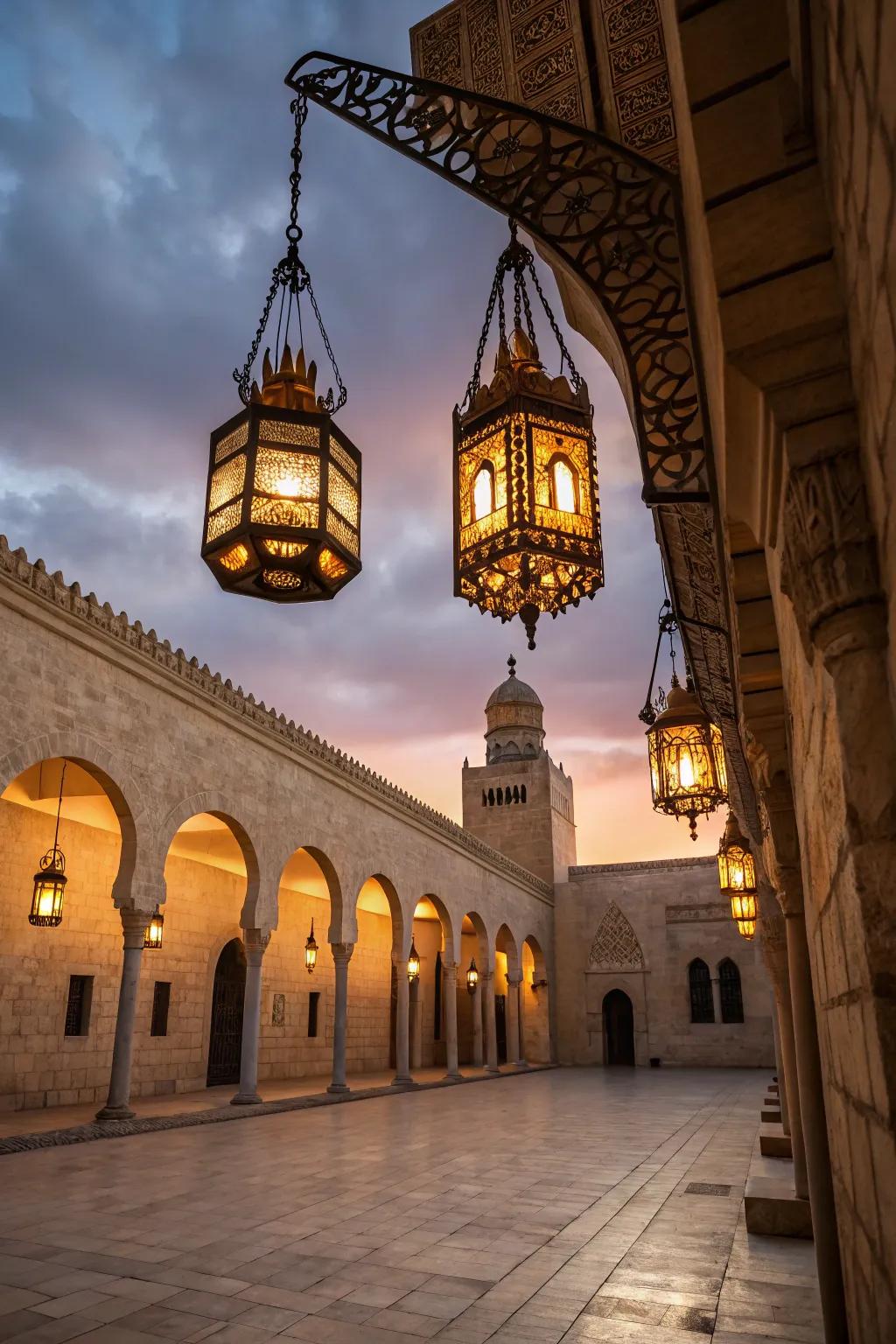 Hanging lanterns cast a warm and inviting glow.