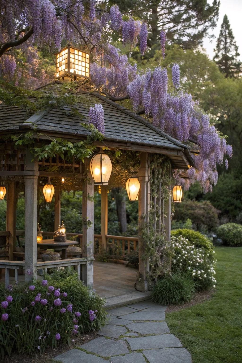 A vine-covered pavilion with lanterns for evening relaxation.