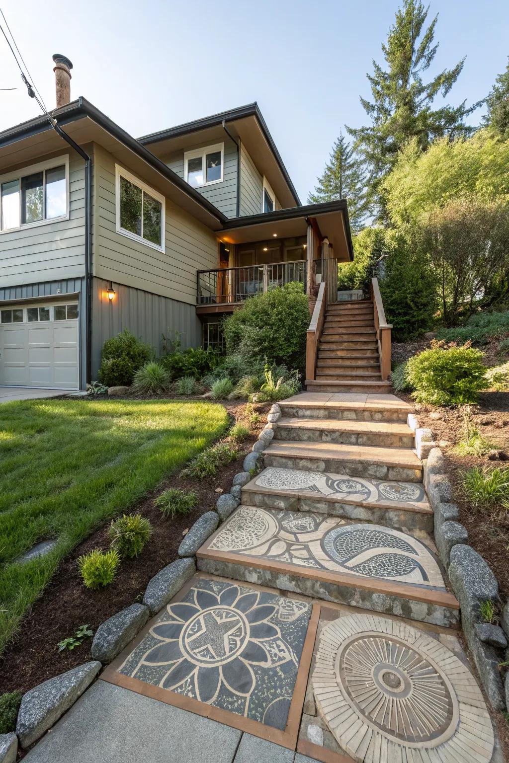 A unique walkway adds character and guides visitors to the home.