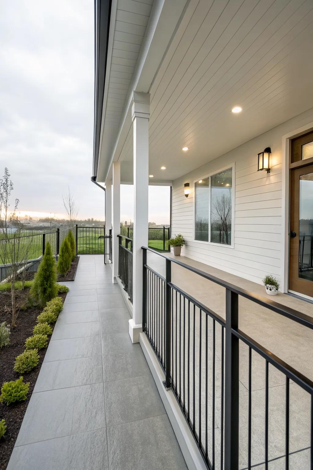 Sleek railings add a modern touch to this split-level home's porch.
