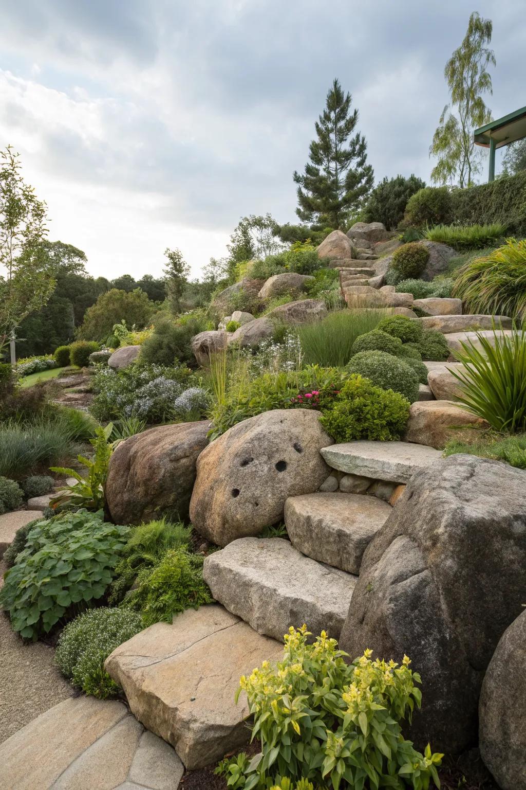 Artfully placed boulders adding natural interest.