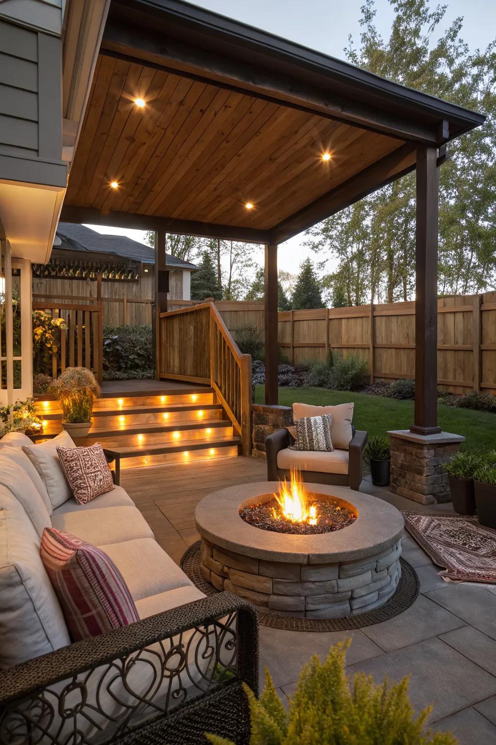 A fire pit turns your porch into a warm, inviting space for nighttime gatherings.