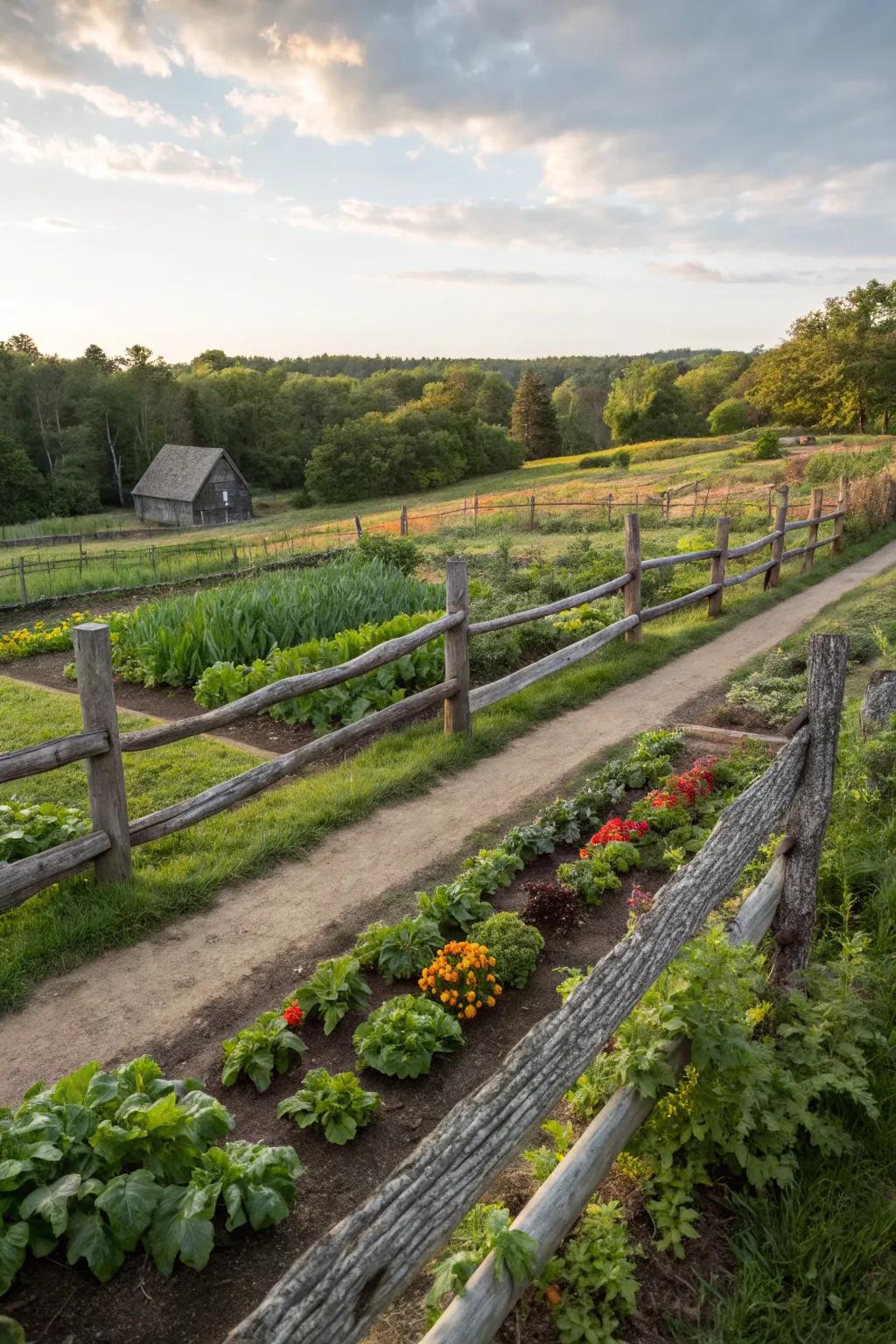 A split rail fence enhances this vegetable garden, providing structure and style.