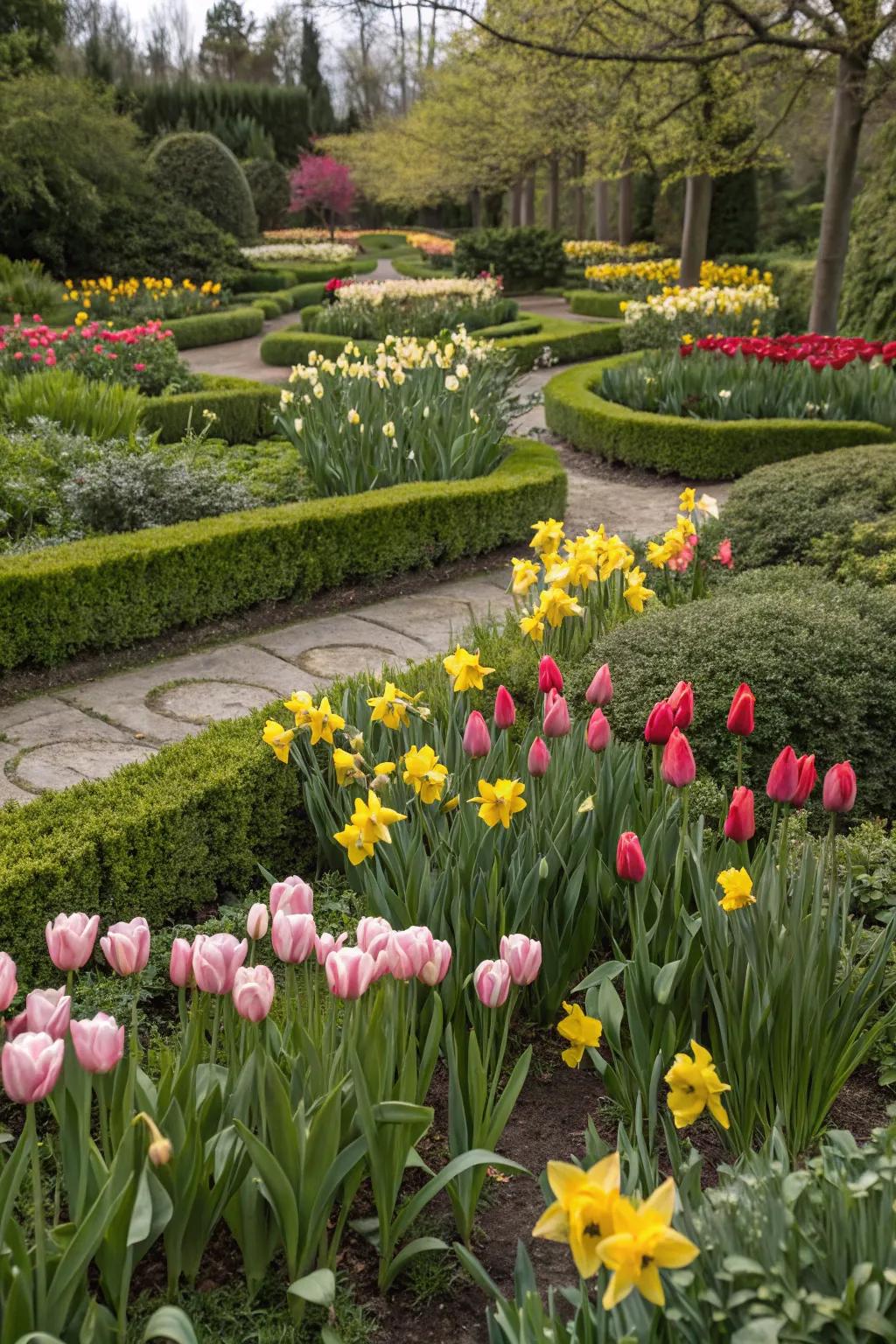 Interplanting bulbs with shrubs for structure and color.