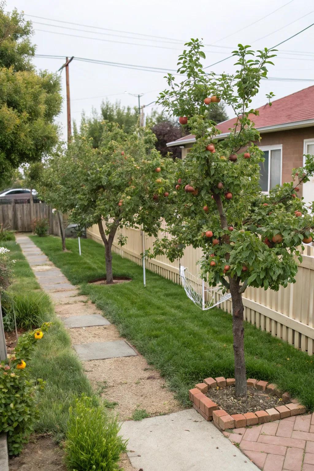 A mini orchard adds charm and utility.