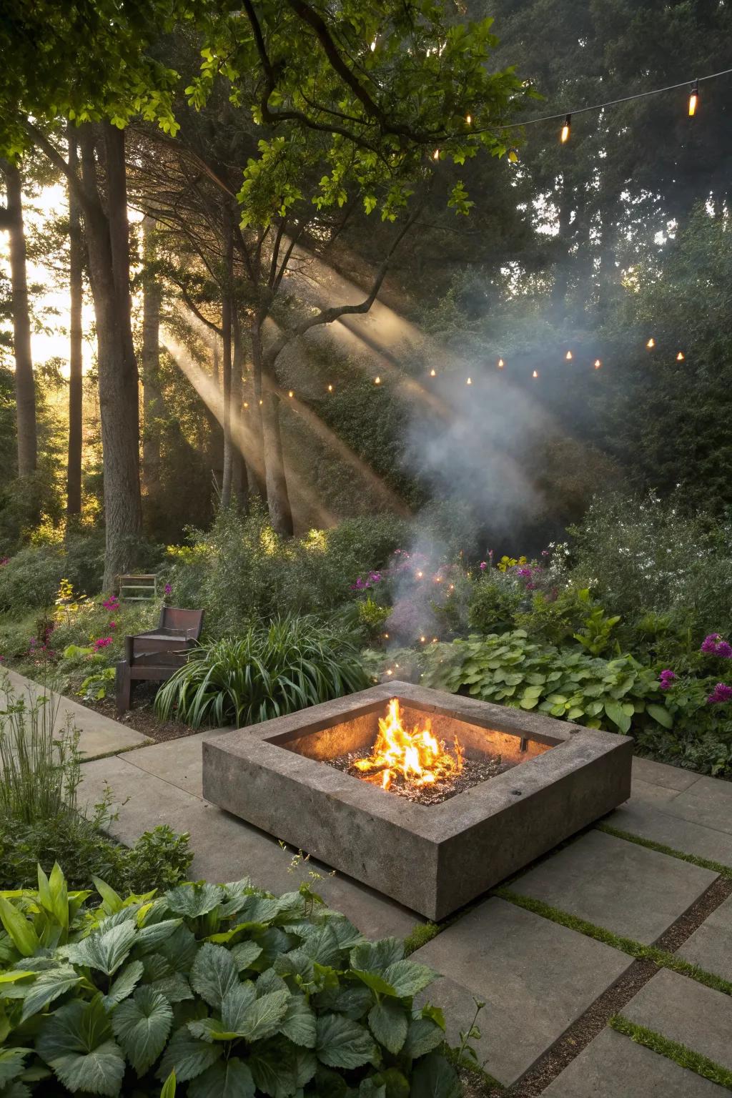 A floating fire pit design offers a unique garden feature.