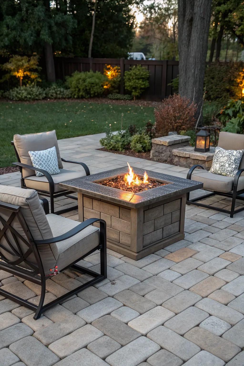 A fire pit table combines dining and ambiance.