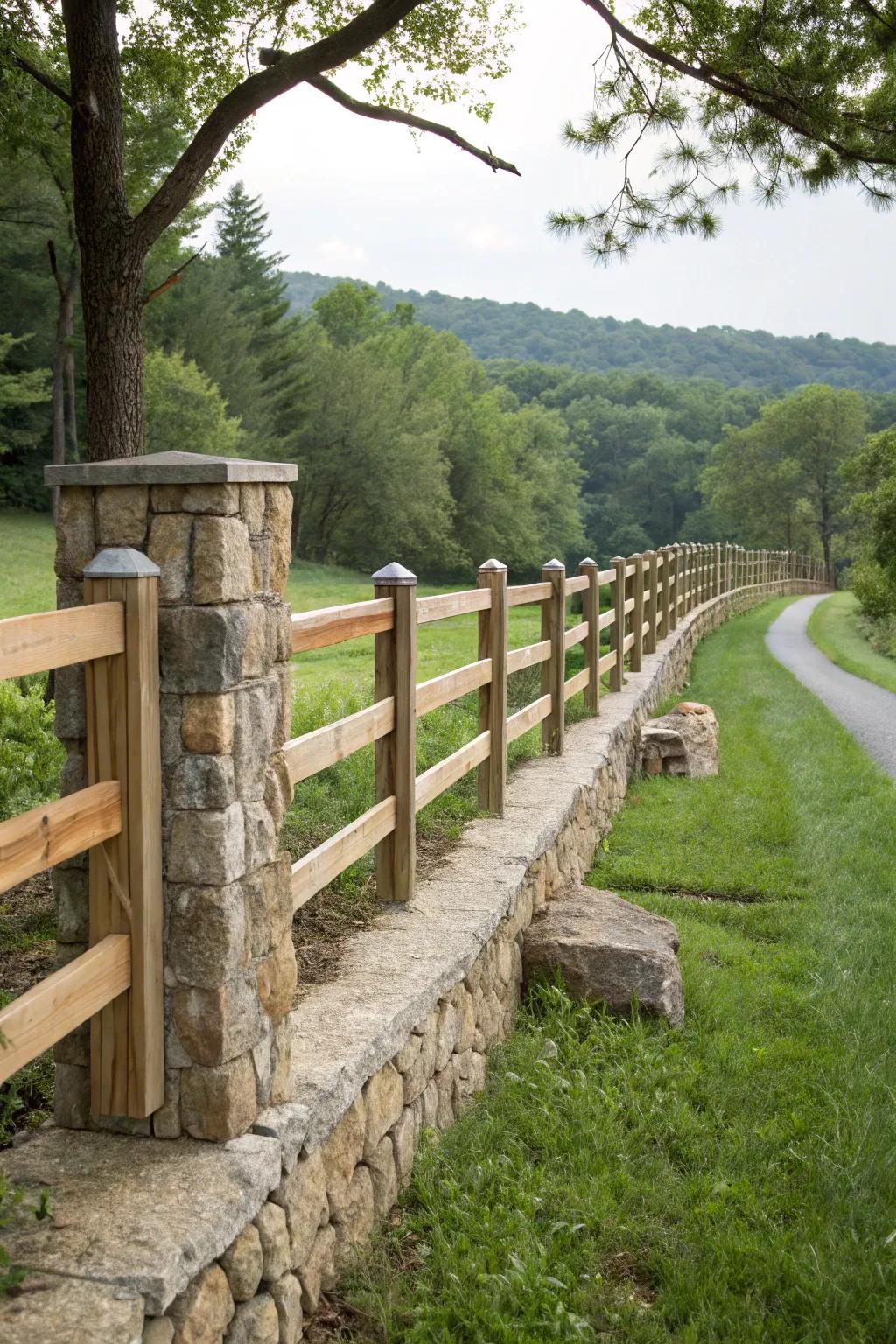 Stone and wood fusion creates a seamless natural look.