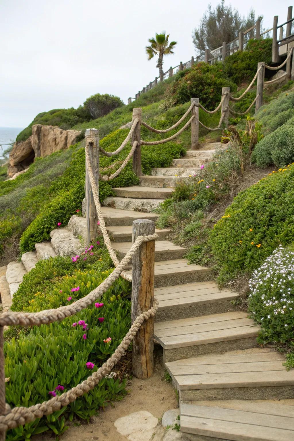 Rope railings bring a nautical charm to outdoor stairs.