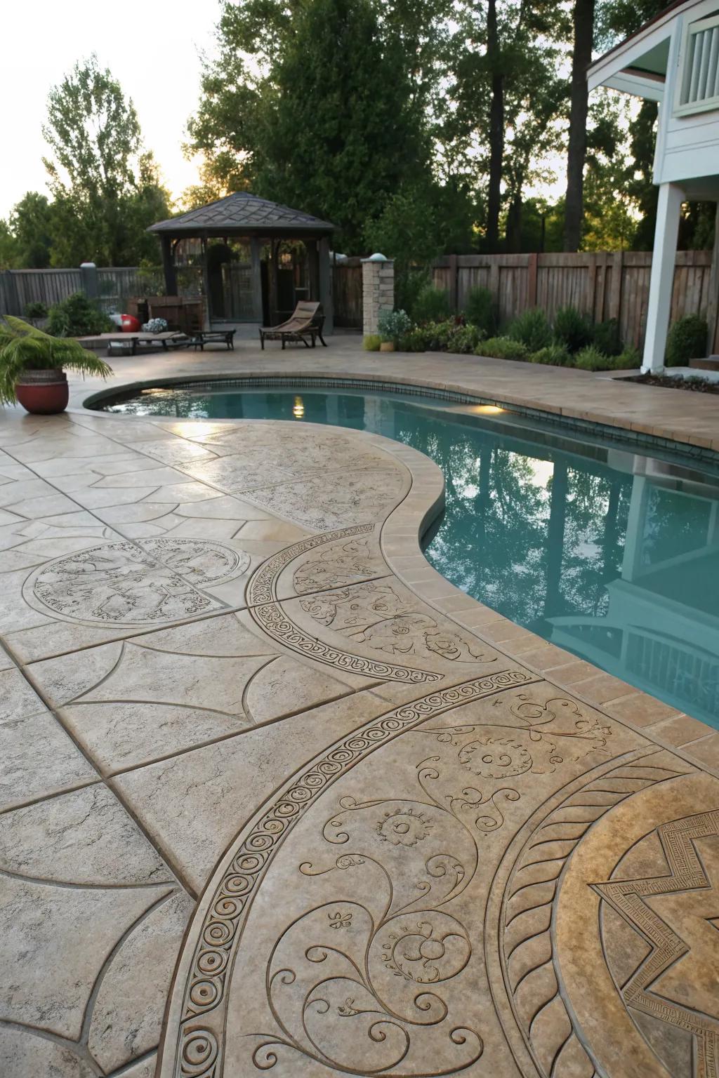 Artistic stamped concrete turns a pool area into a masterpiece.