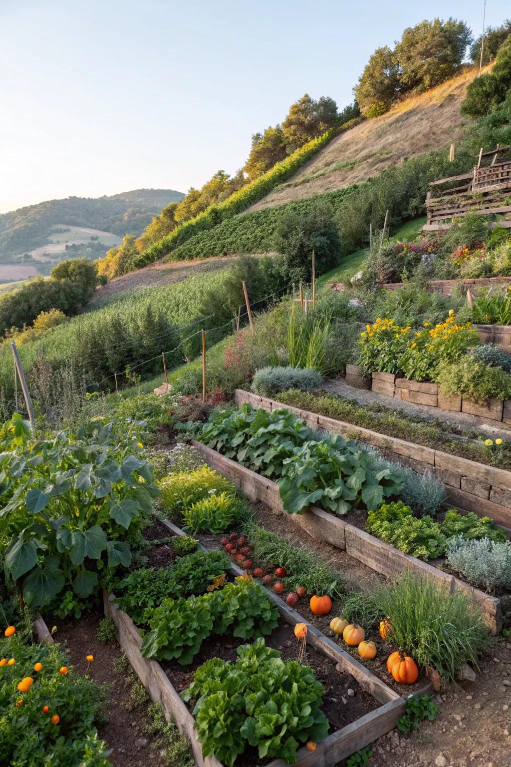 Tiered vegetable gardens make the most of your slope.