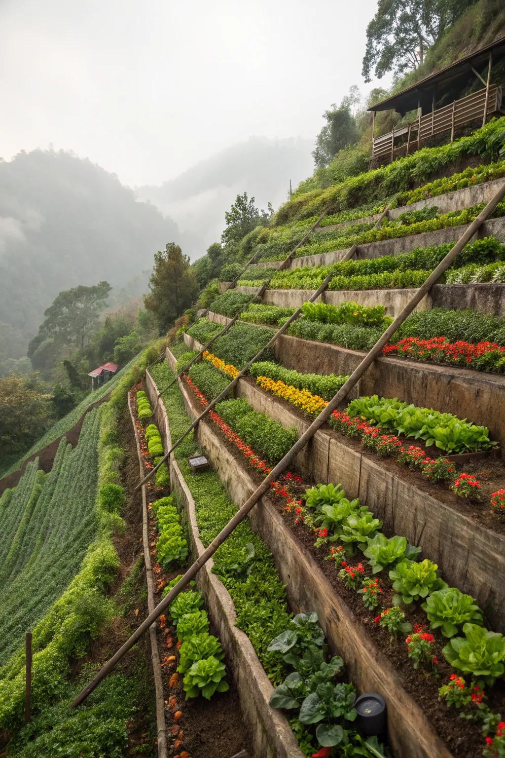 An edible garden thriving on a creatively designed slope.