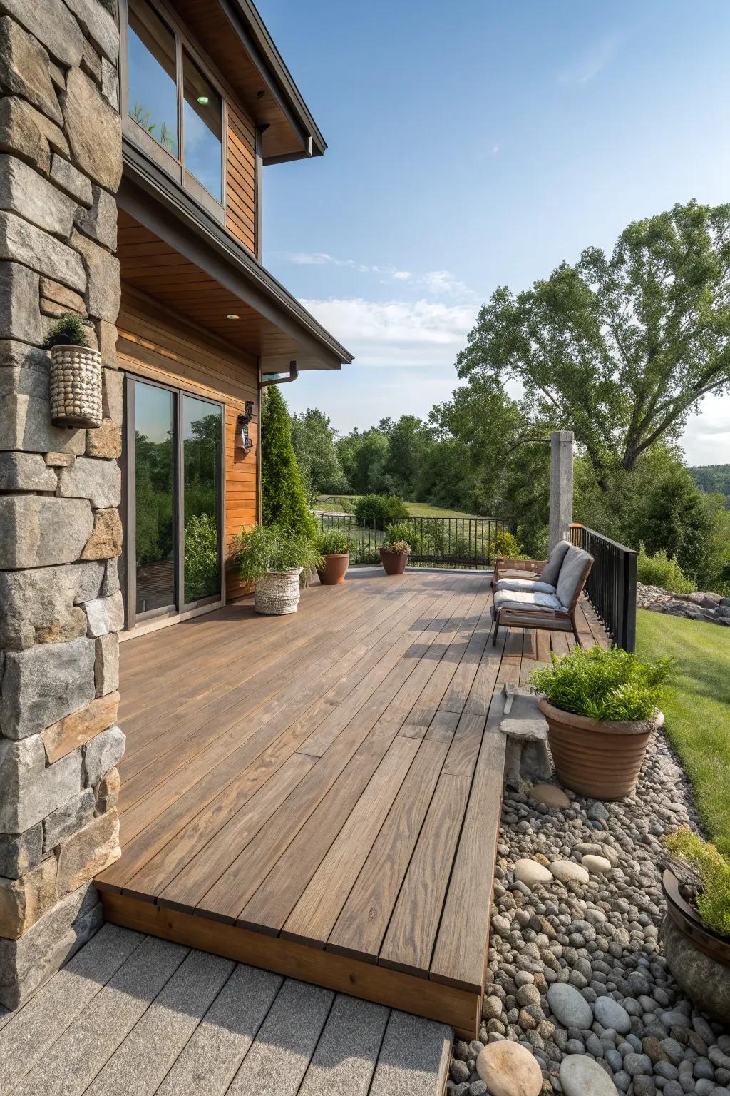 Mixing materials like wood and stone creates visual interest.