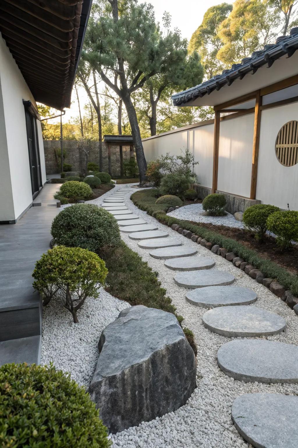 A tranquil Zen-inspired pathway with minimalist stone design.