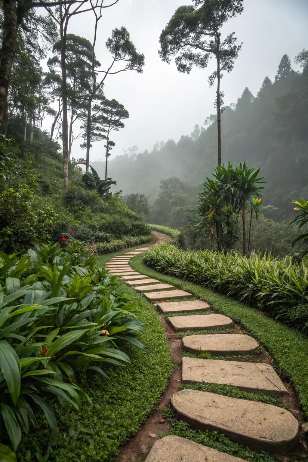Curved pathway with stepping stones, adding mystery and discovery to the garden