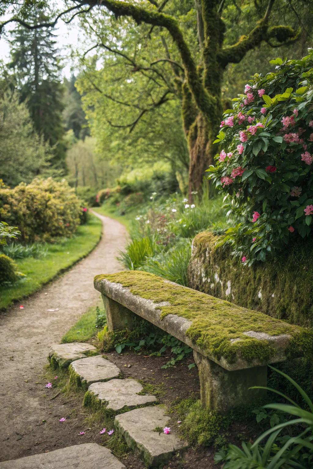 Moss-covered stone bench adds an earthy, aged feel to the garden.