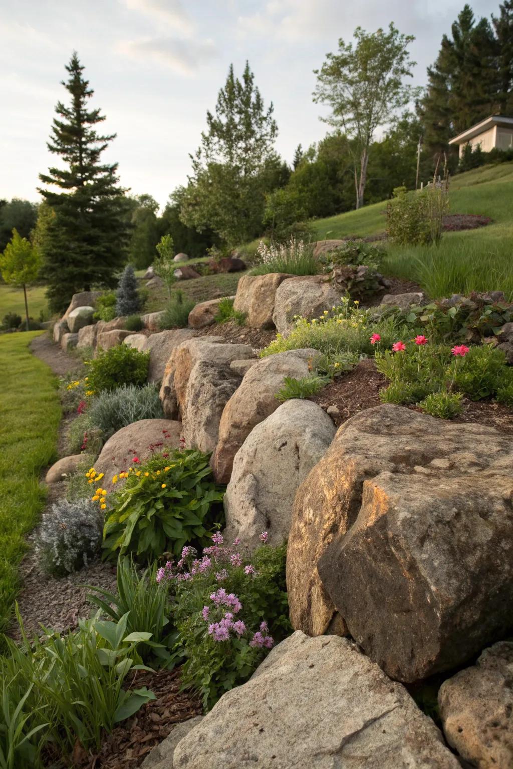 Rock garden edging adds an earthy, rugged touch.