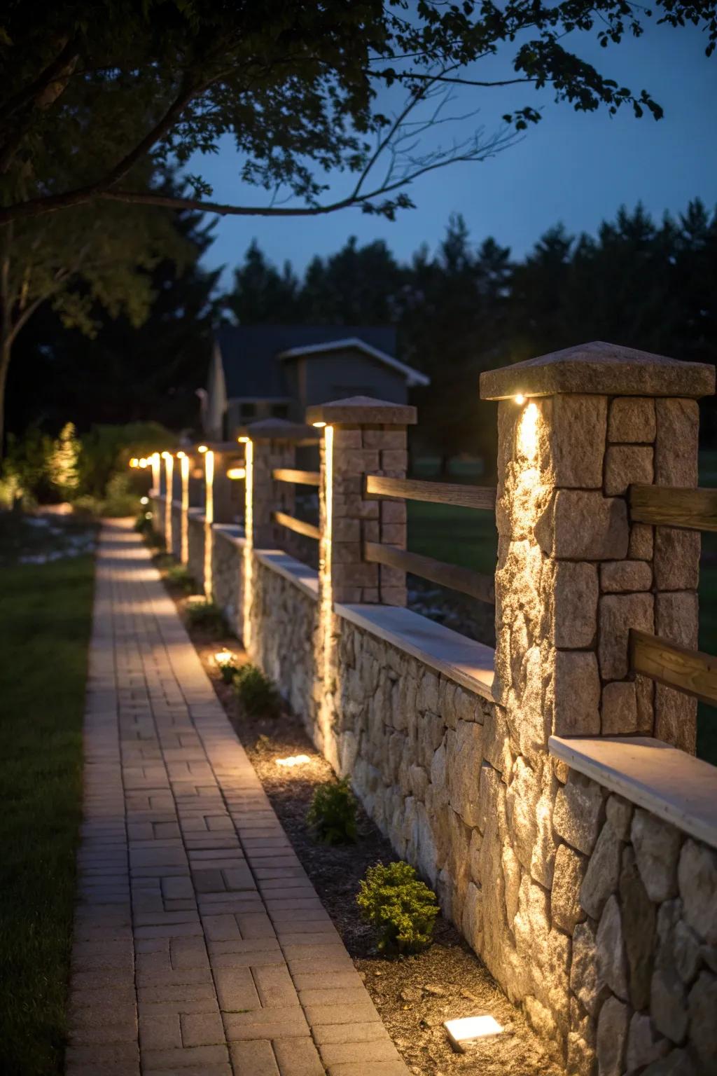 Outdoor lighting can transform a stone fence into a magical nighttime feature.