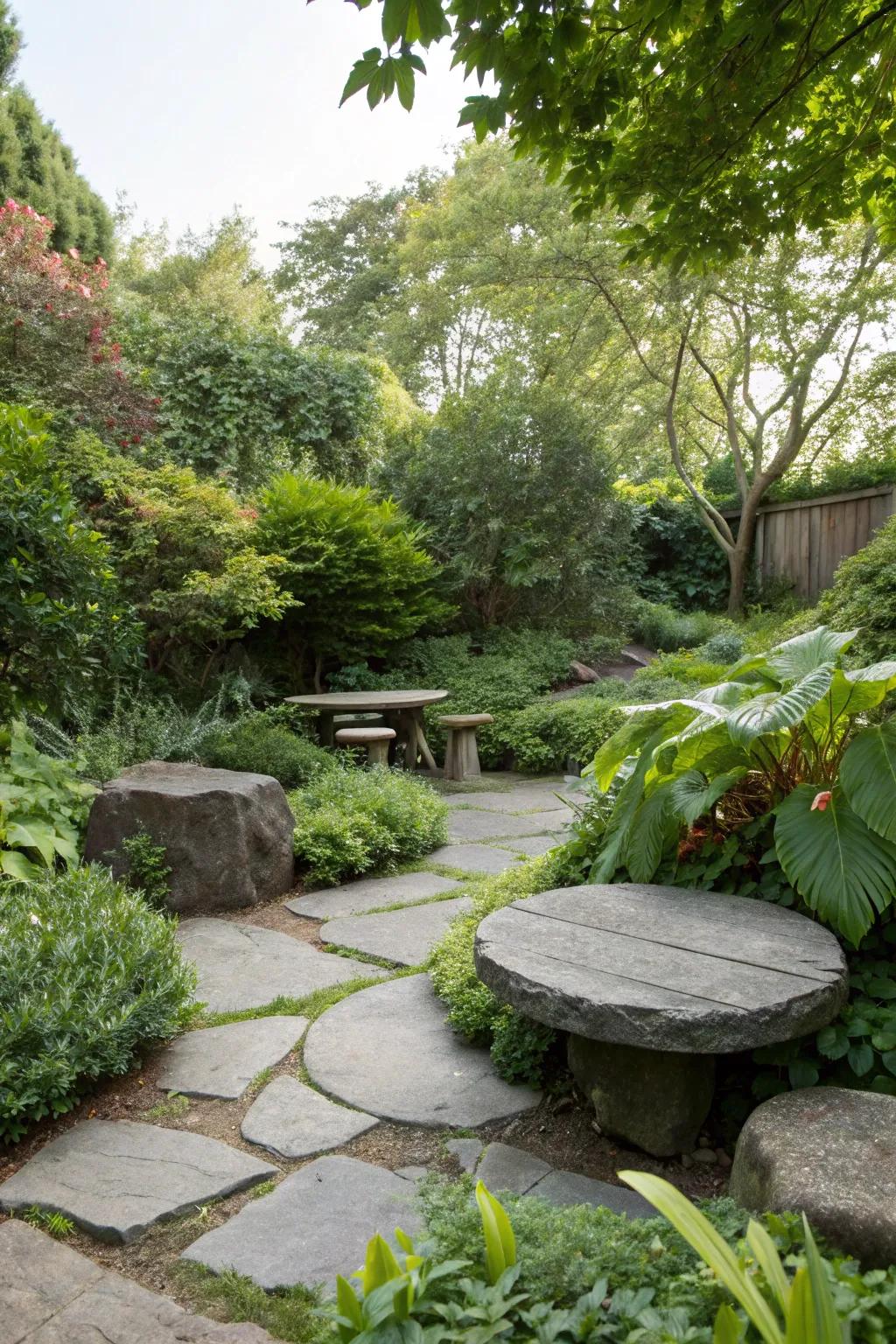 Large flat stones provide natural seating areas in gardens.