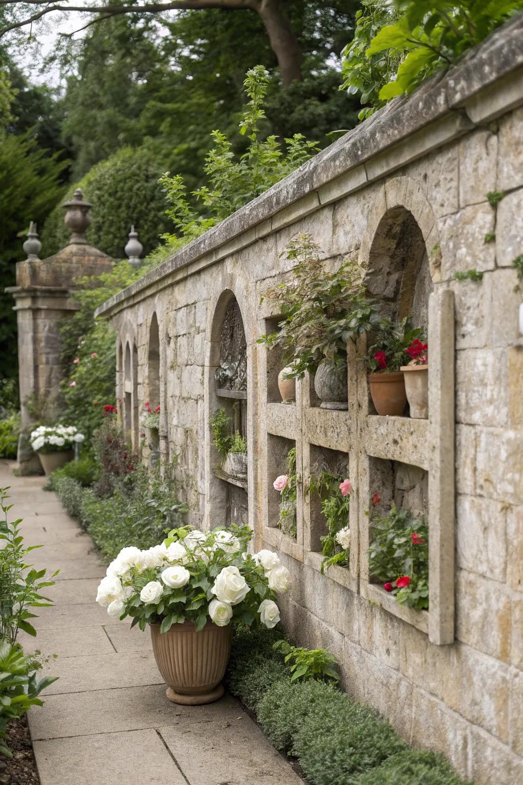 Niches in stone walls add functional beauty to gardens.