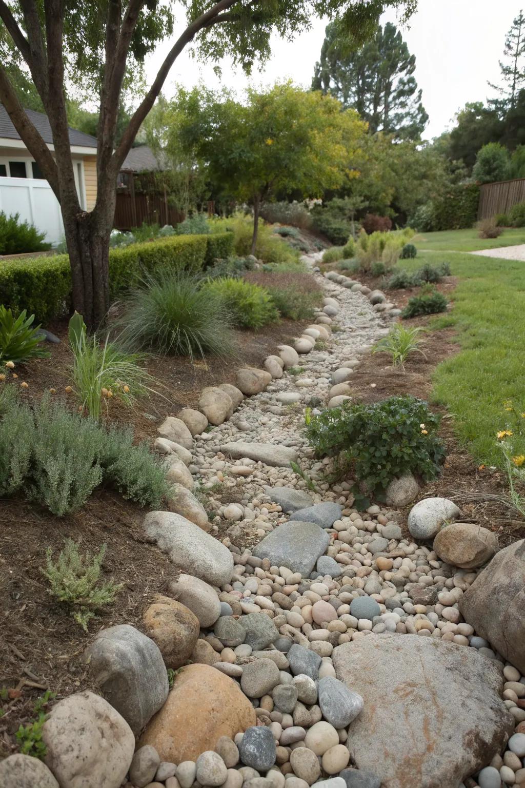 A picturesque dry creek bed enhancing the garden's natural beauty.