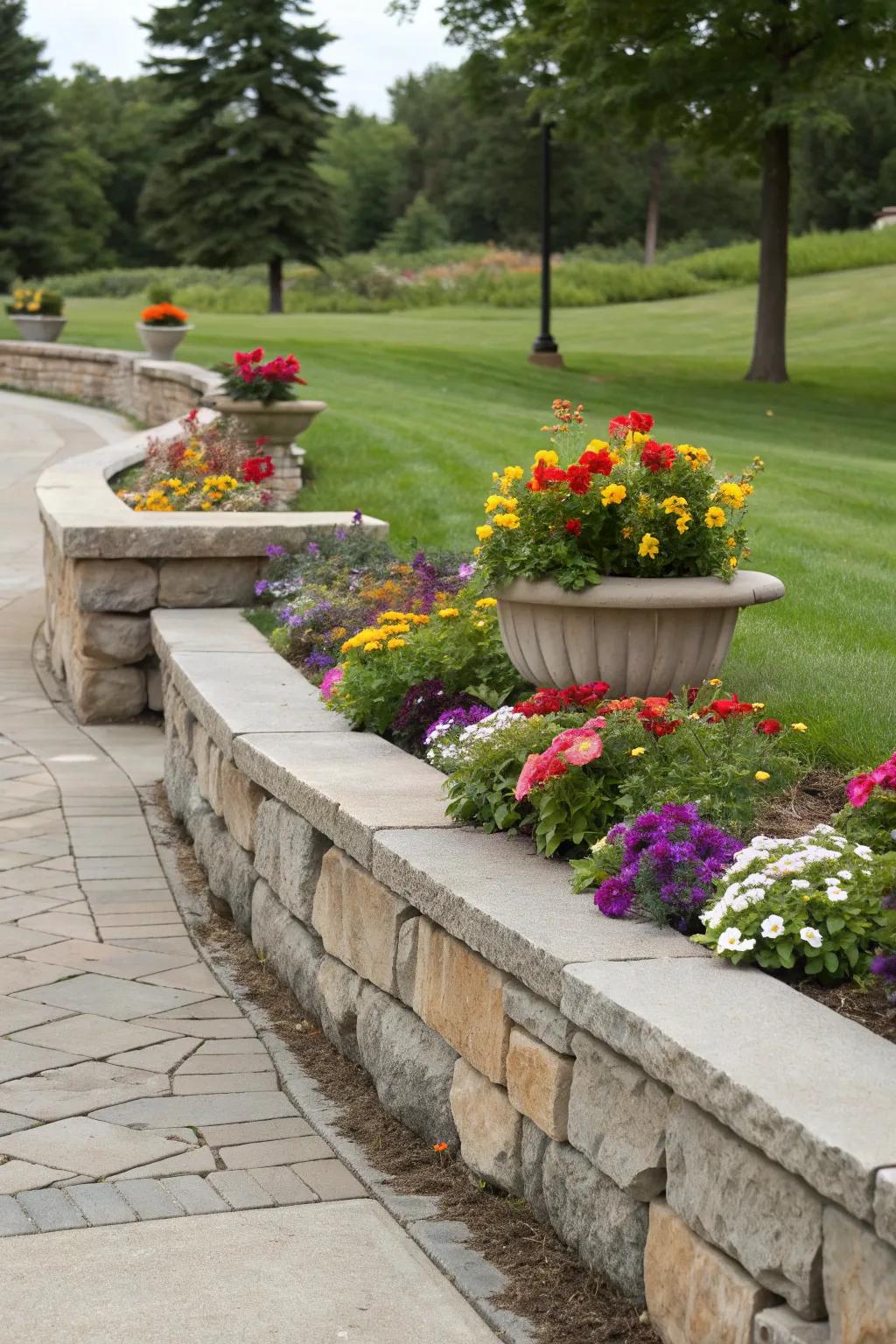 Functional beauty with planter-enhanced stone edging.