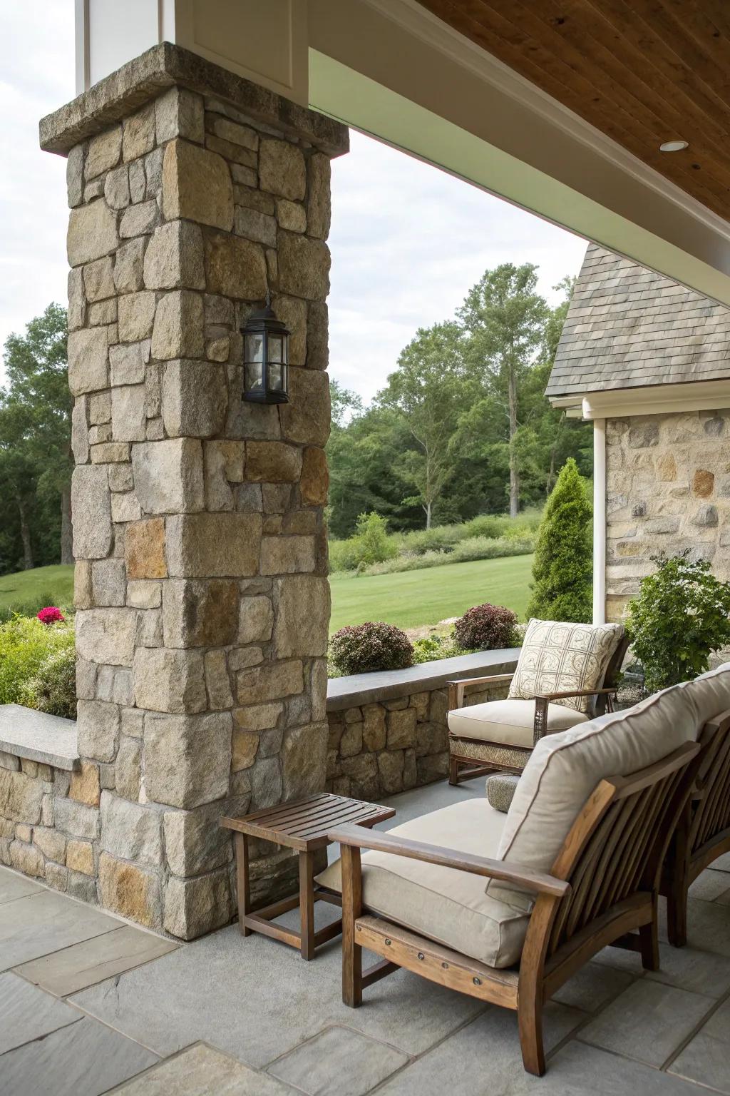 A striking stone accent wall elevating the patio design.