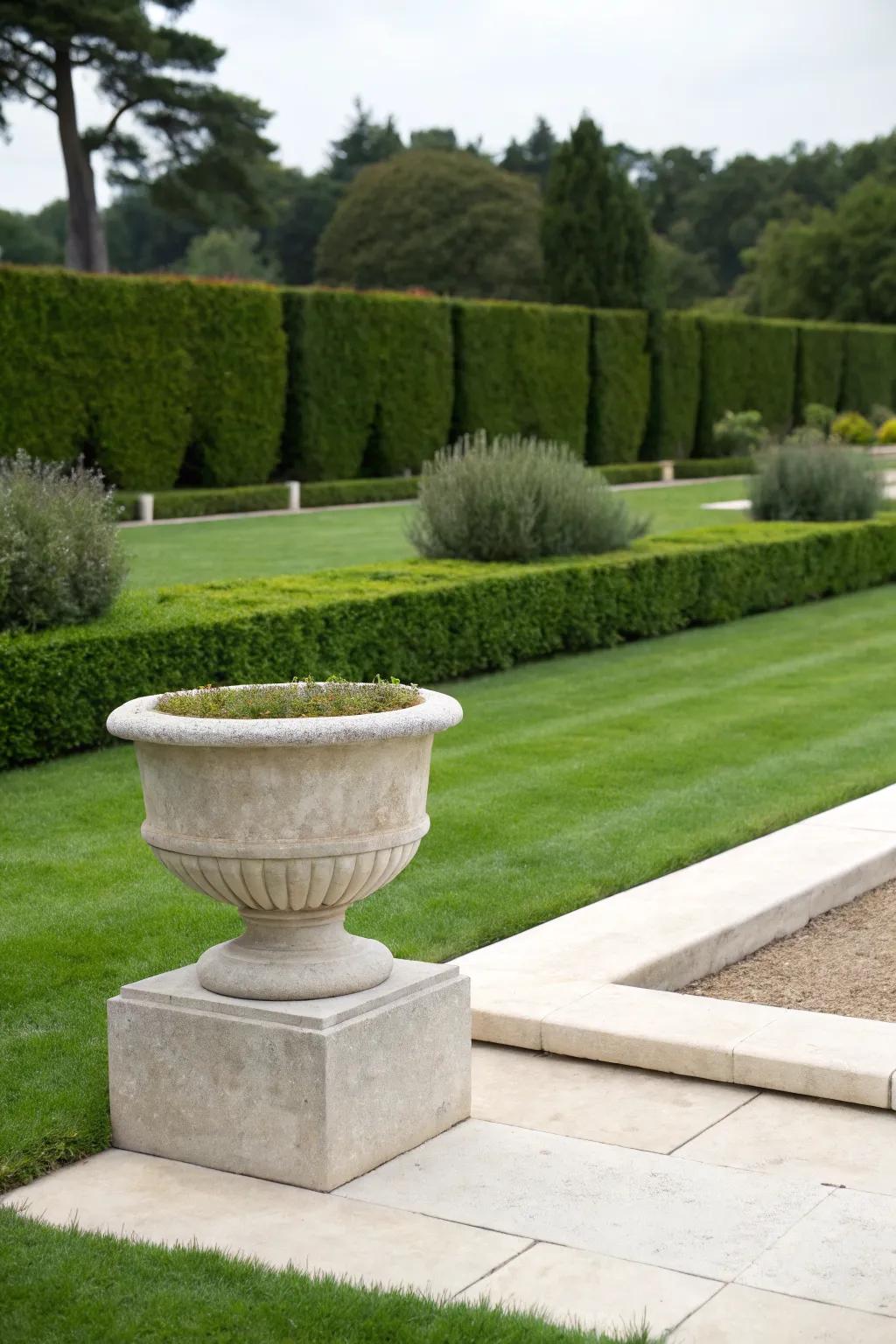 A minimalist stone planter adding a touch of elegance to the garden.
