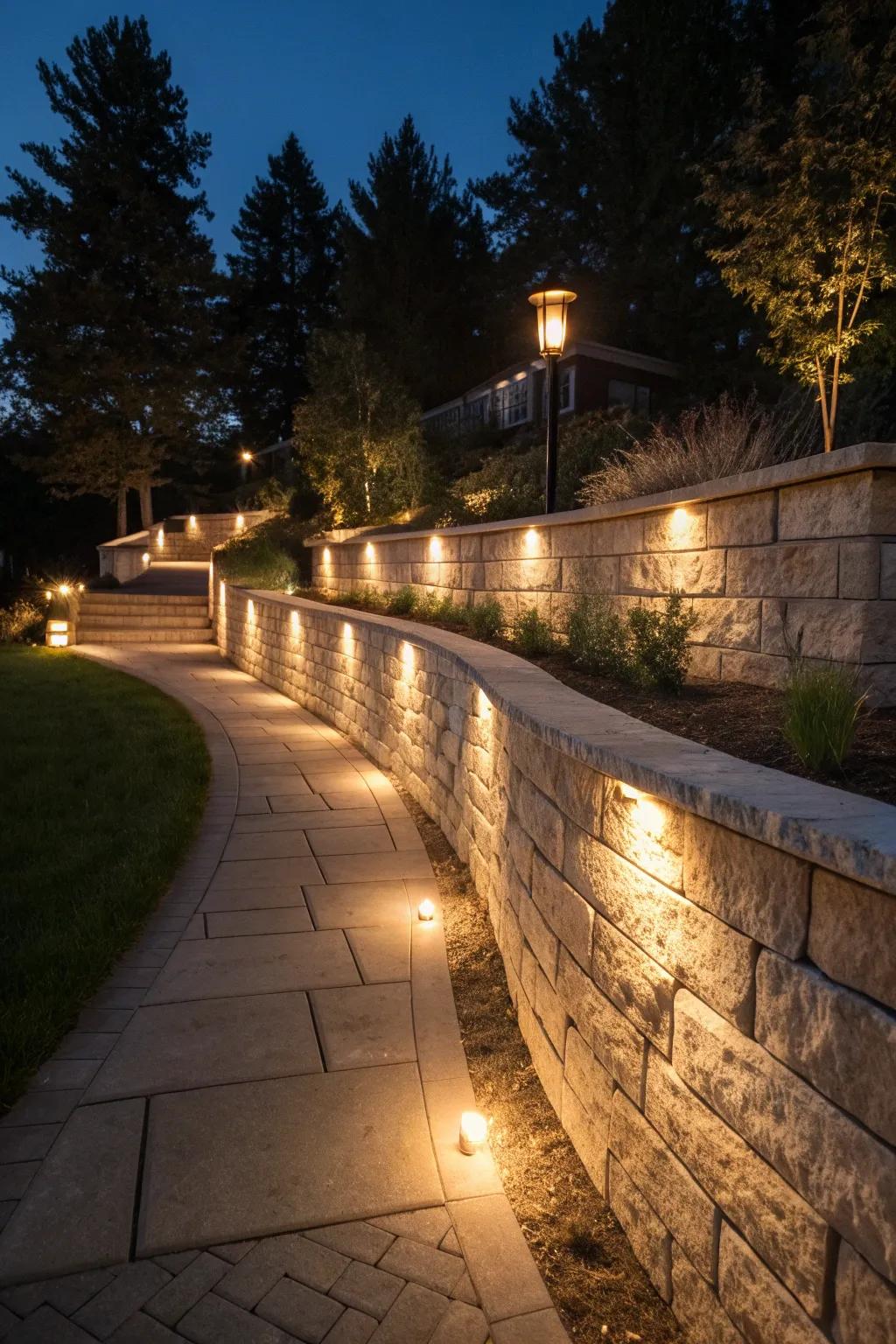 Lighting accentuates the stone wall, creating a dramatic evening scene.