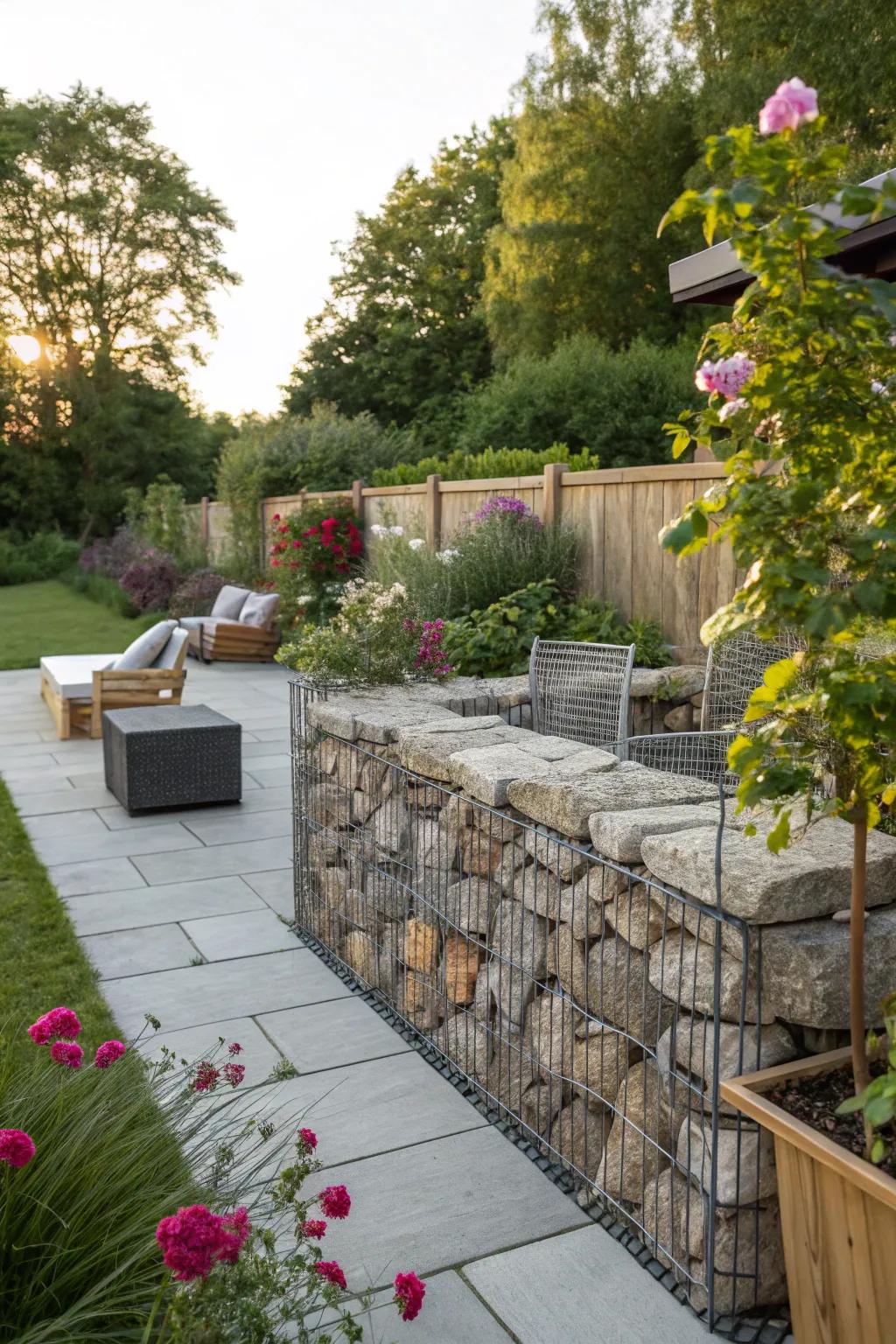 Gabion walls offer a sturdy and stylish garden border.