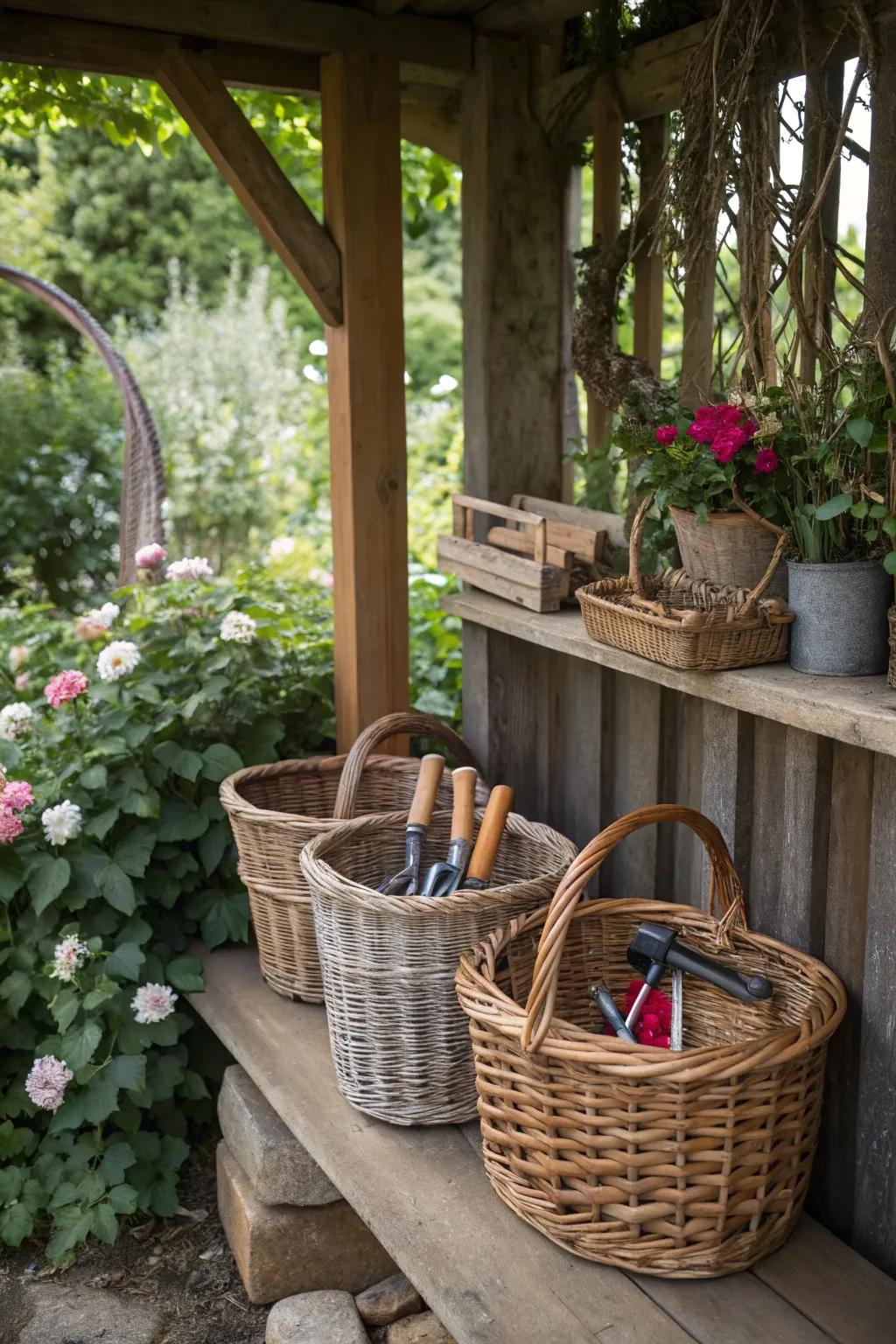 Organize with style using charming baskets for tool storage.