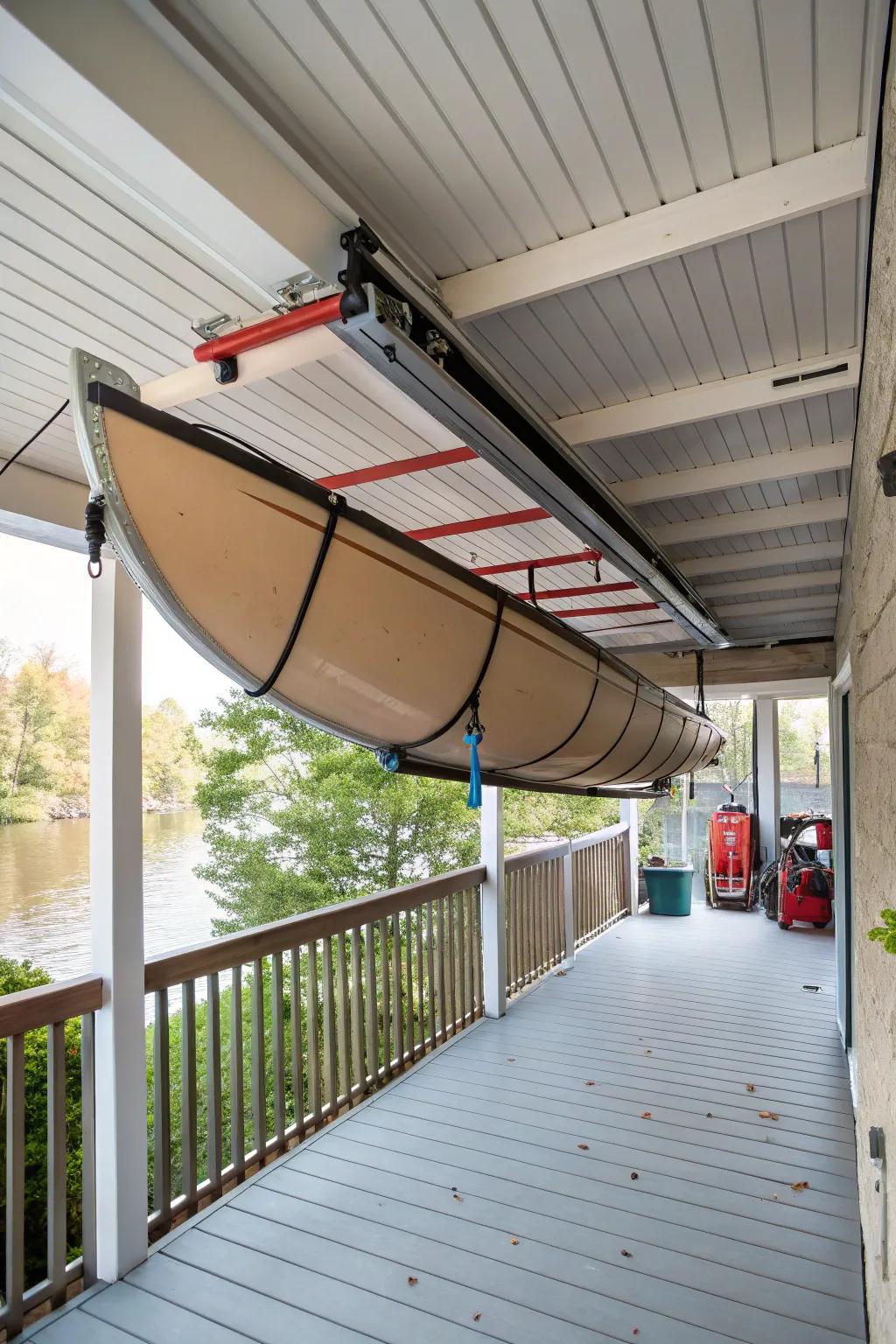 Ceiling-mounted racks under the deck provide efficient storage for large outdoor gear.