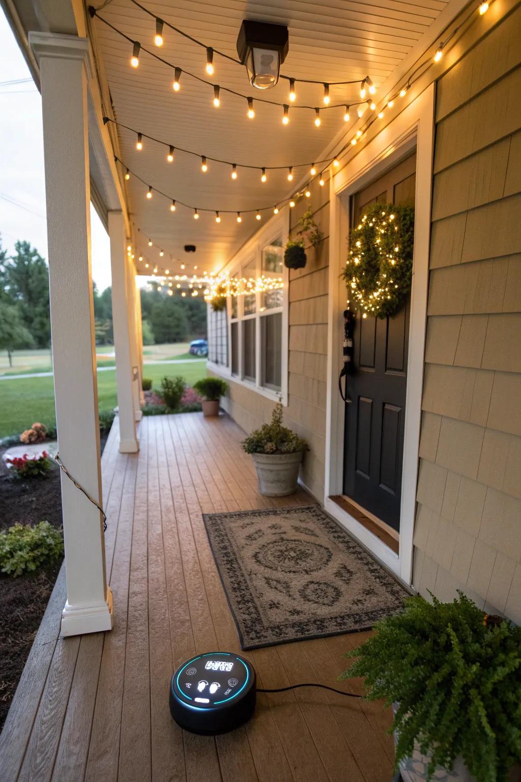 A convenient front porch setup with string lights on a timer.