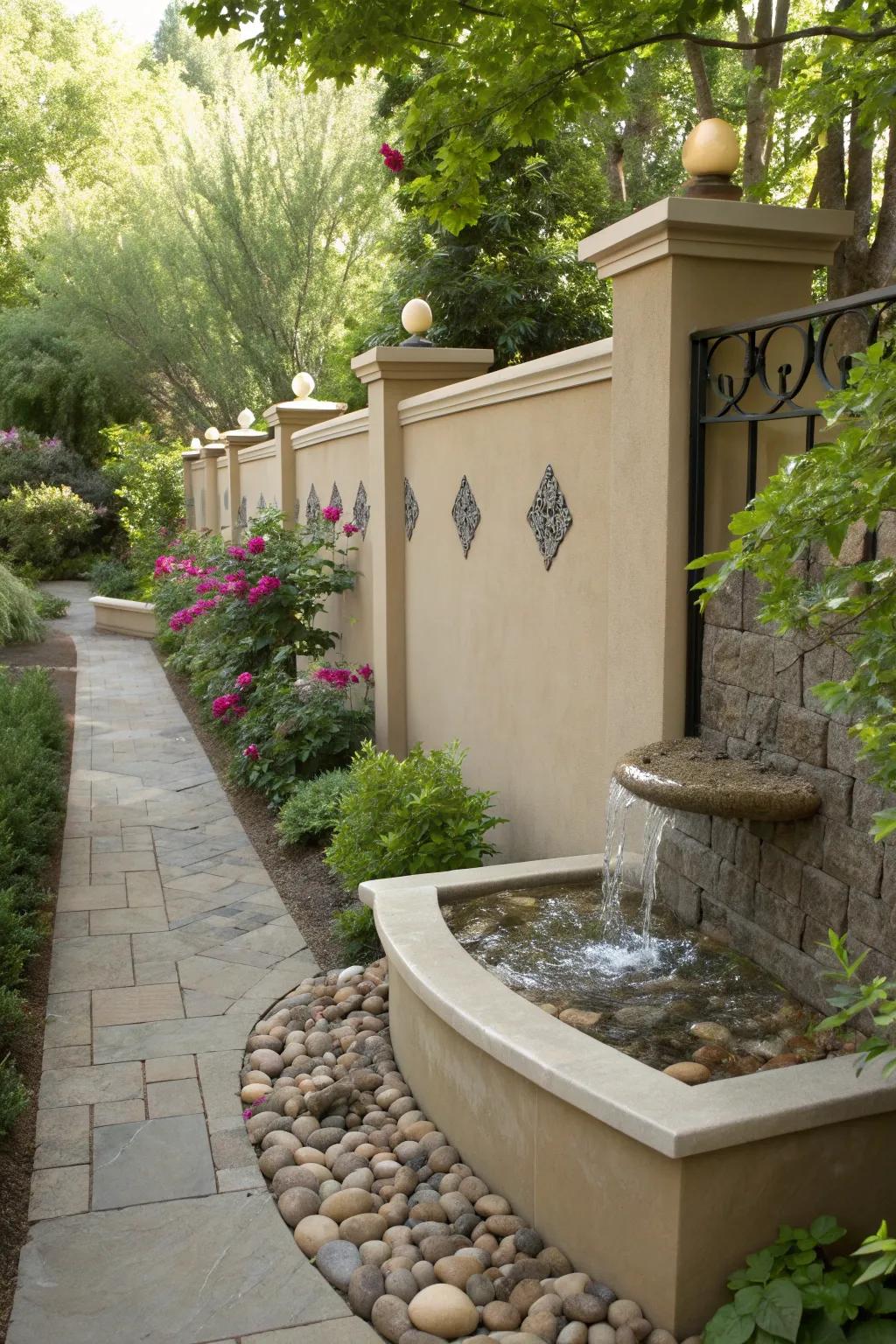 A stucco fence enhanced with a peaceful water feature.