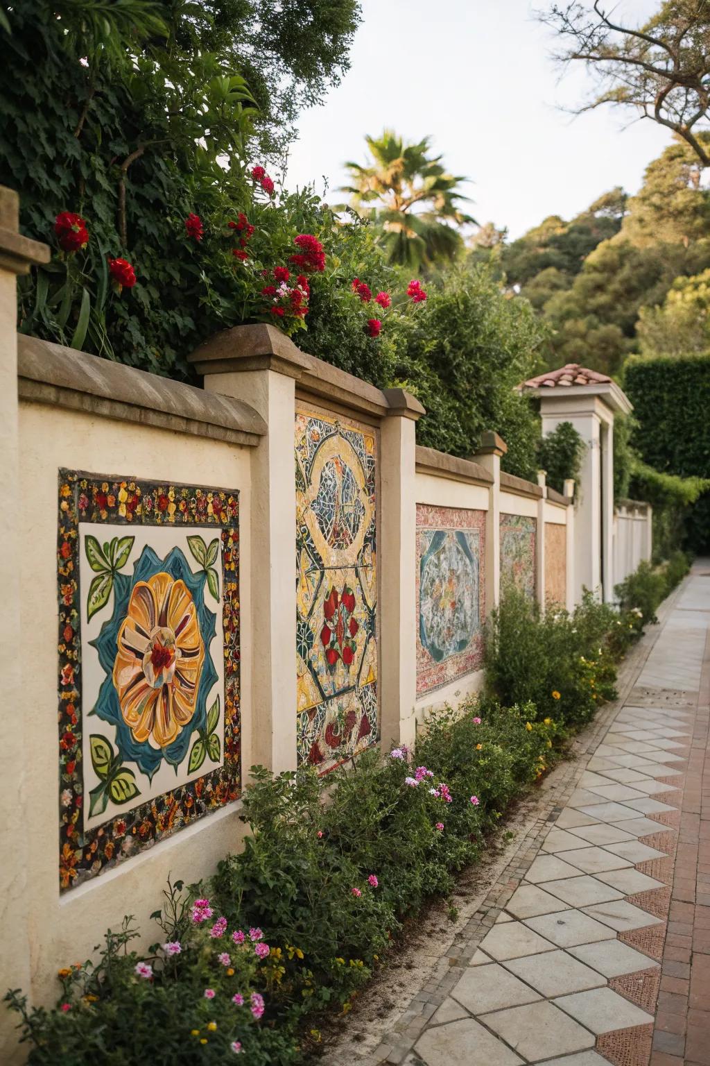 Stucco wall with stunning mosaic art for a creative garden space.
