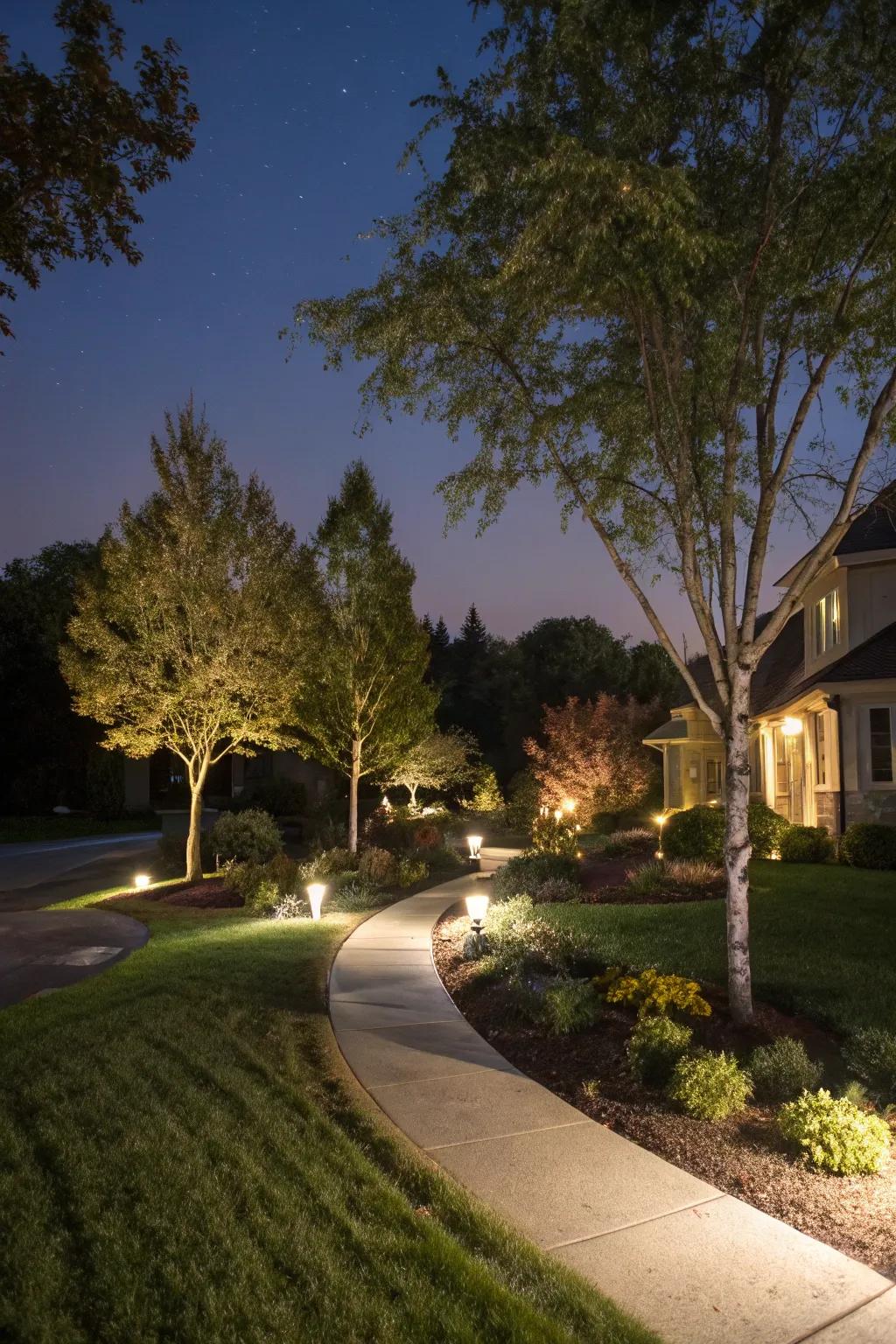 Landscape lighting creates a magical evening ambiance in this front yard.