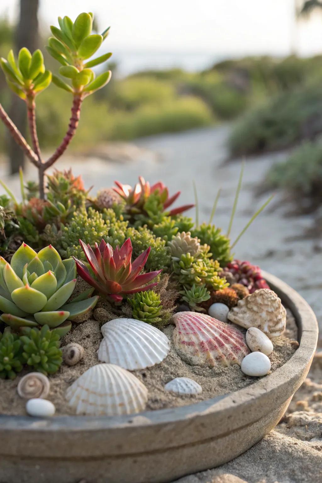 Seashells bring a coastal theme to your succulent fairy garden.
