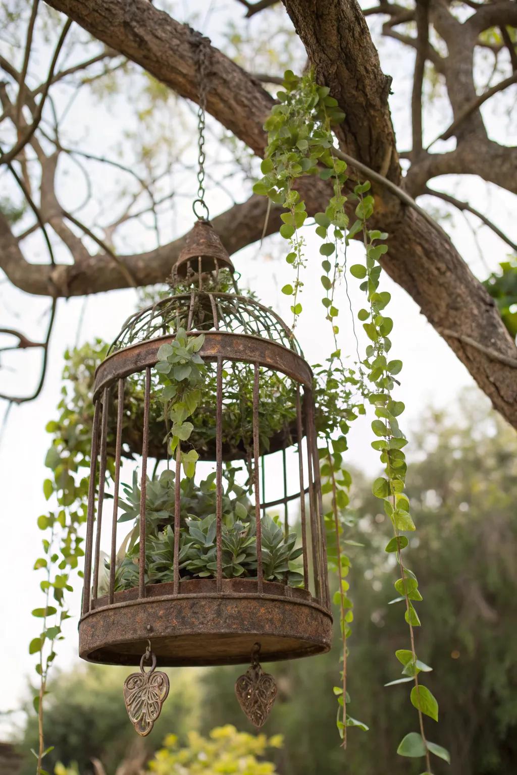 Birdcage planters create a whimsical garden display