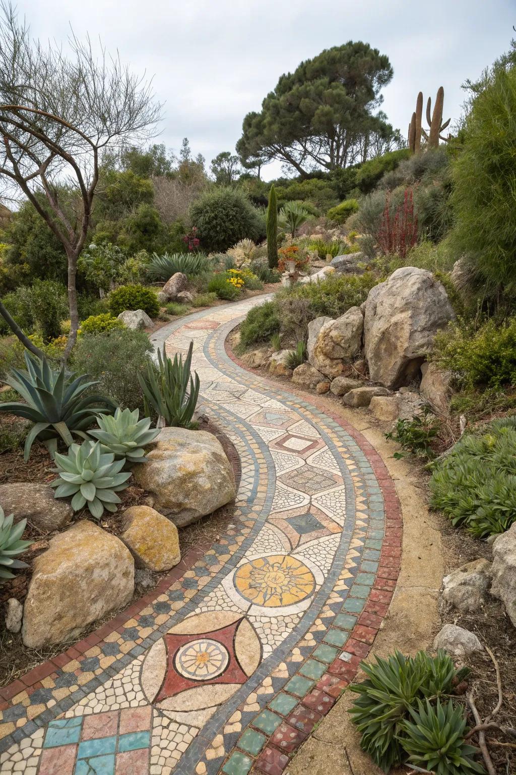 A mosaic path adds a splash of color and guides visitors through the garden.