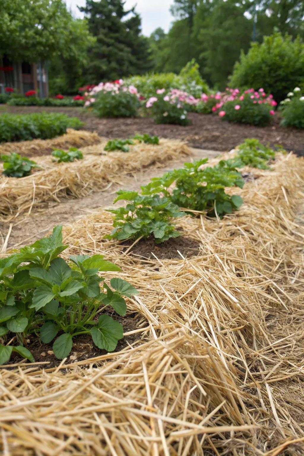 Straw mulch helping retain moisture and enrich the soil.