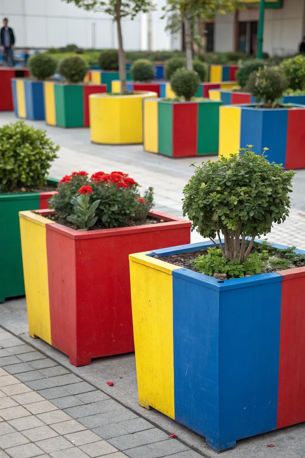 Color block arrangements create bold, artistic statements in planters.
