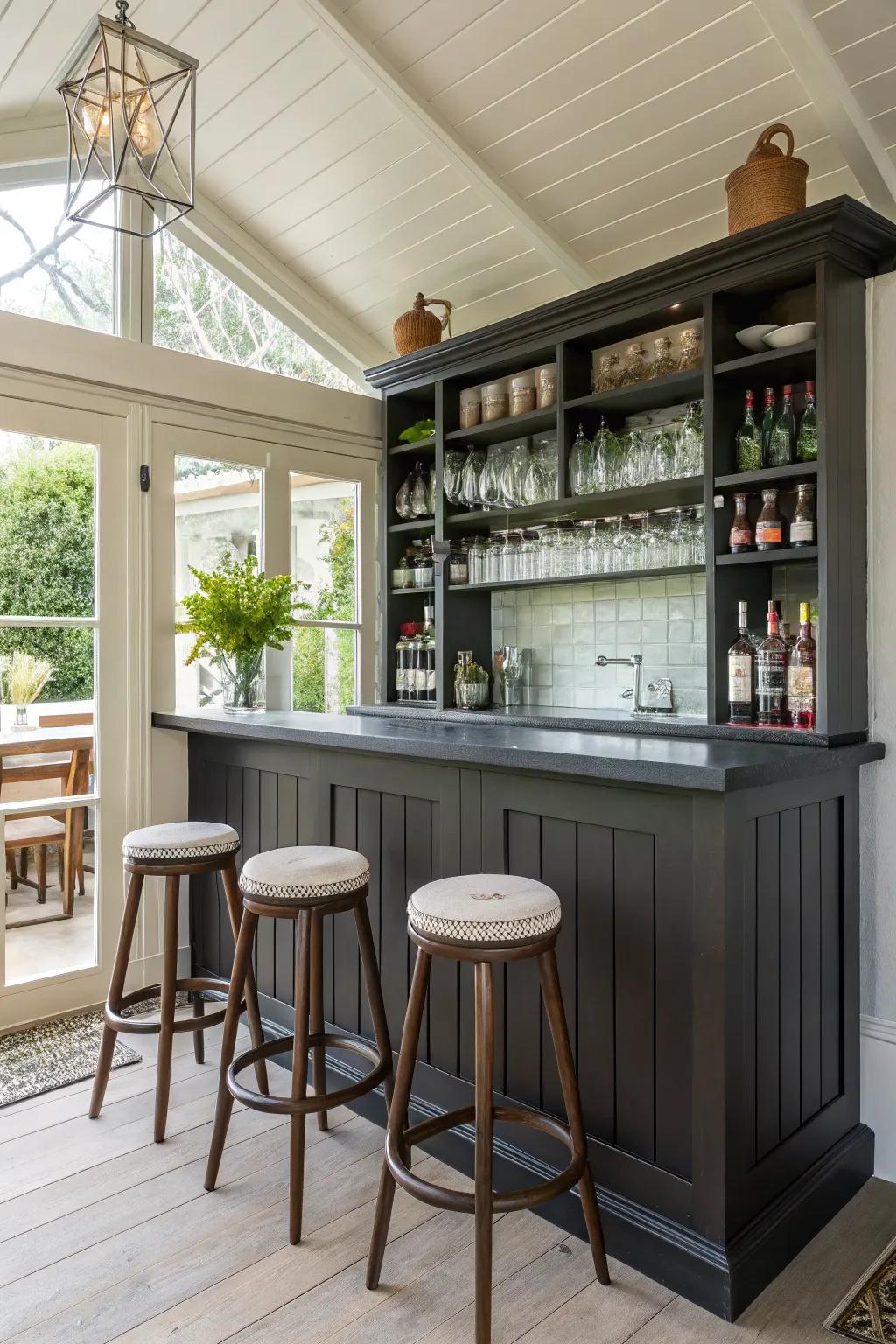 A summerhouse with a chic built-in bar for entertaining.
