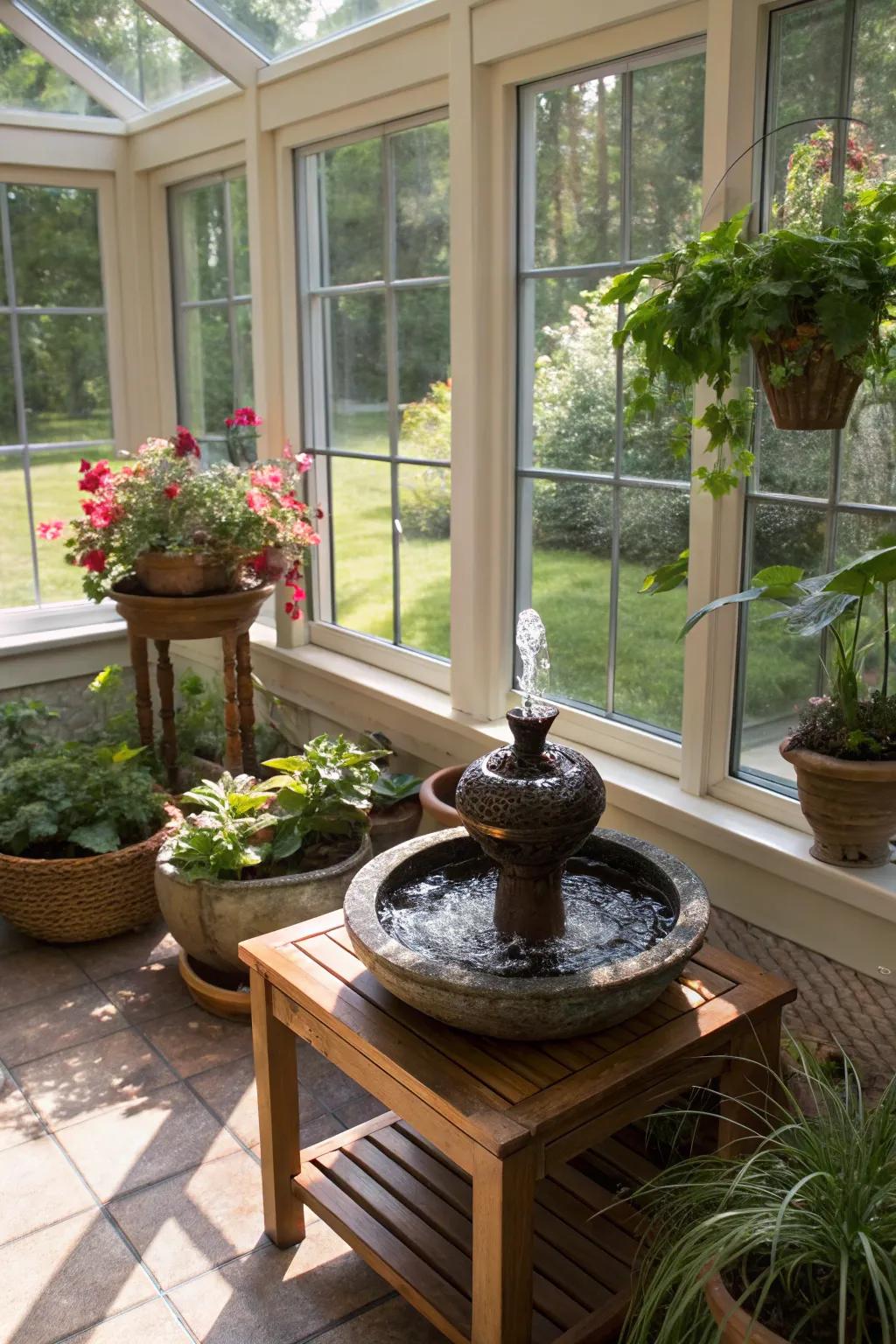 A water feature adds tranquility to your sunroom.