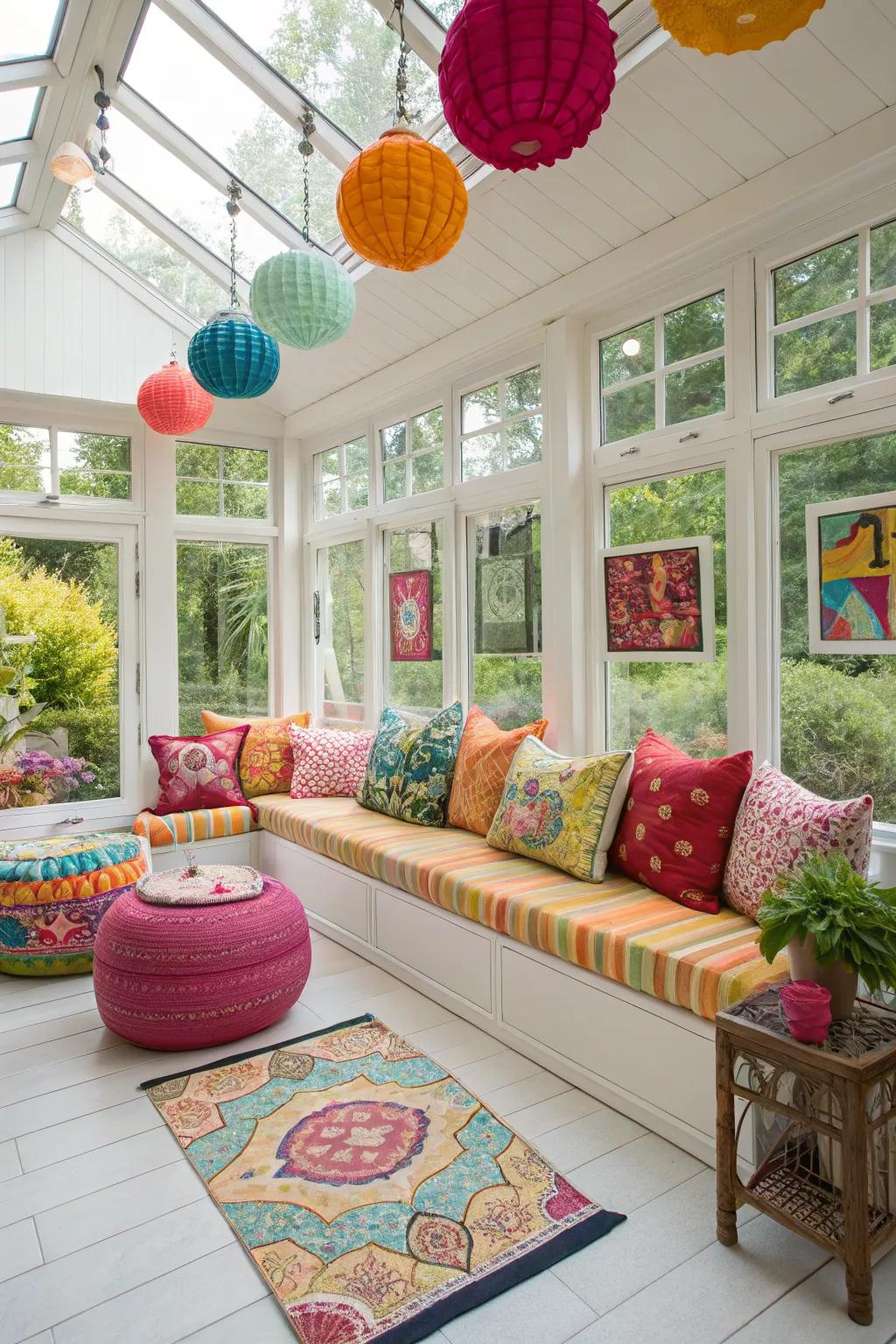 Colorful accents bring personality and energy to the sunroom.