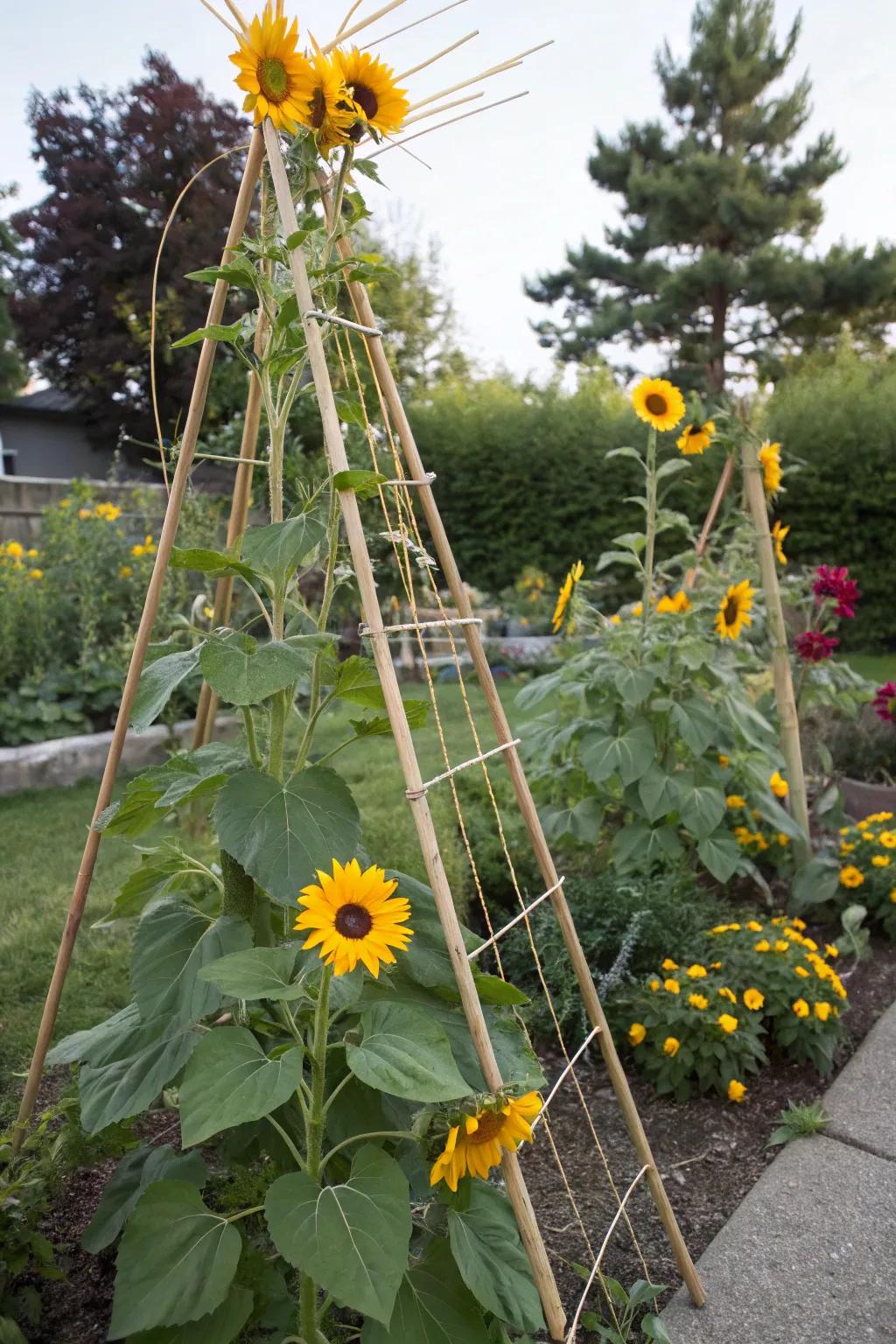 A simple and effective DIY string trellis for sunflowers.